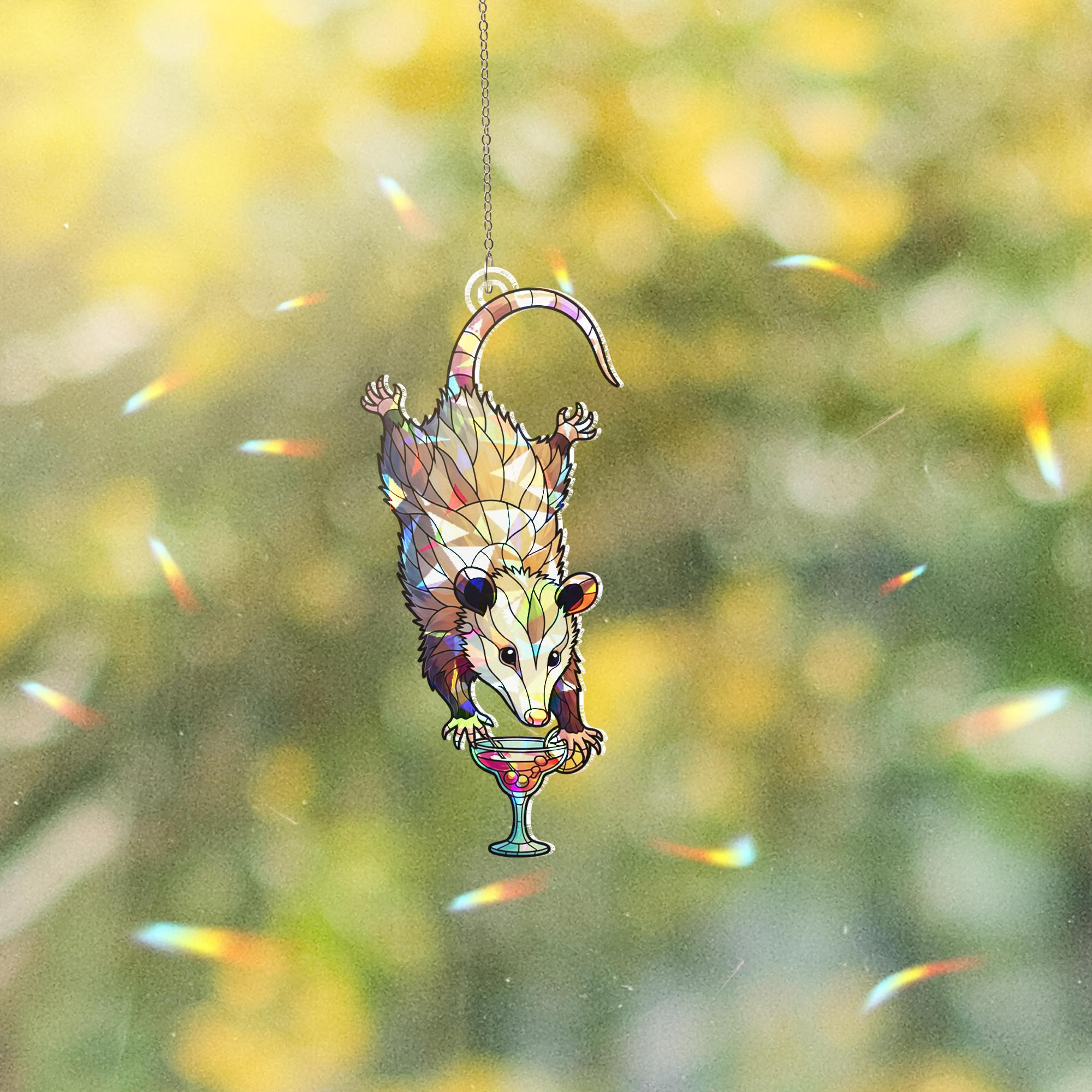 Drunk Opossum Holographic Window Hanging – Funny Animal Cocktail Suncatcher – Quirky Boho Decor for Weird Home Vibes
