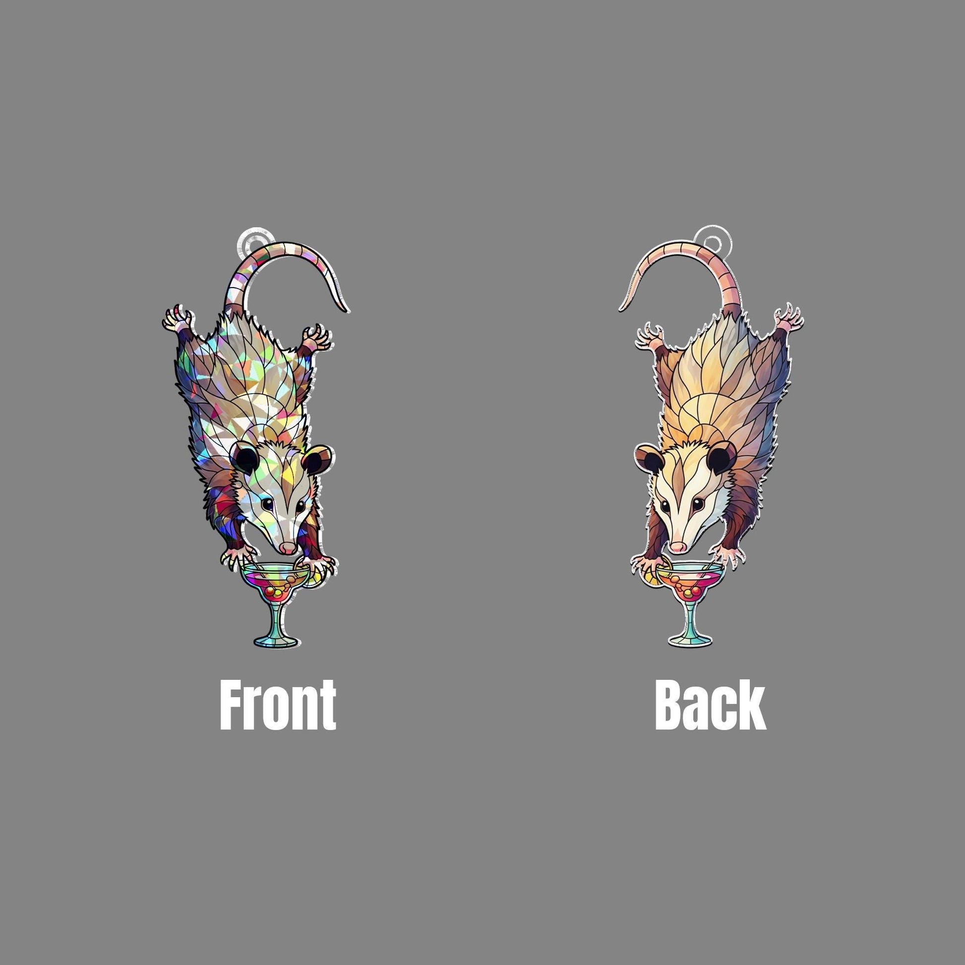 Drunk Opossum Holographic Window Hanging – Funny Animal Cocktail Suncatcher – Quirky Boho Decor for Weird Home Vibes