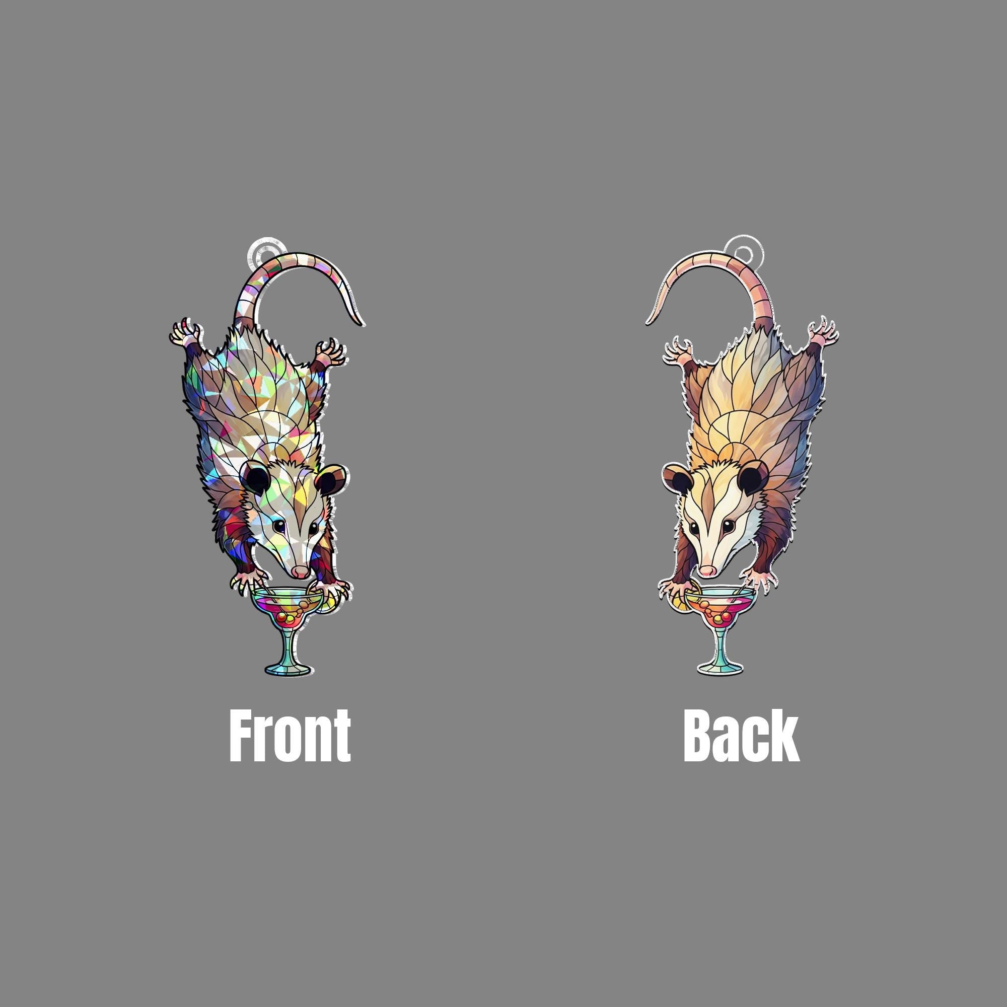 Drunk Opossum Holographic Window Hanging – Funny Animal Cocktail Suncatcher – Quirky Boho Decor for Weird Home Vibes