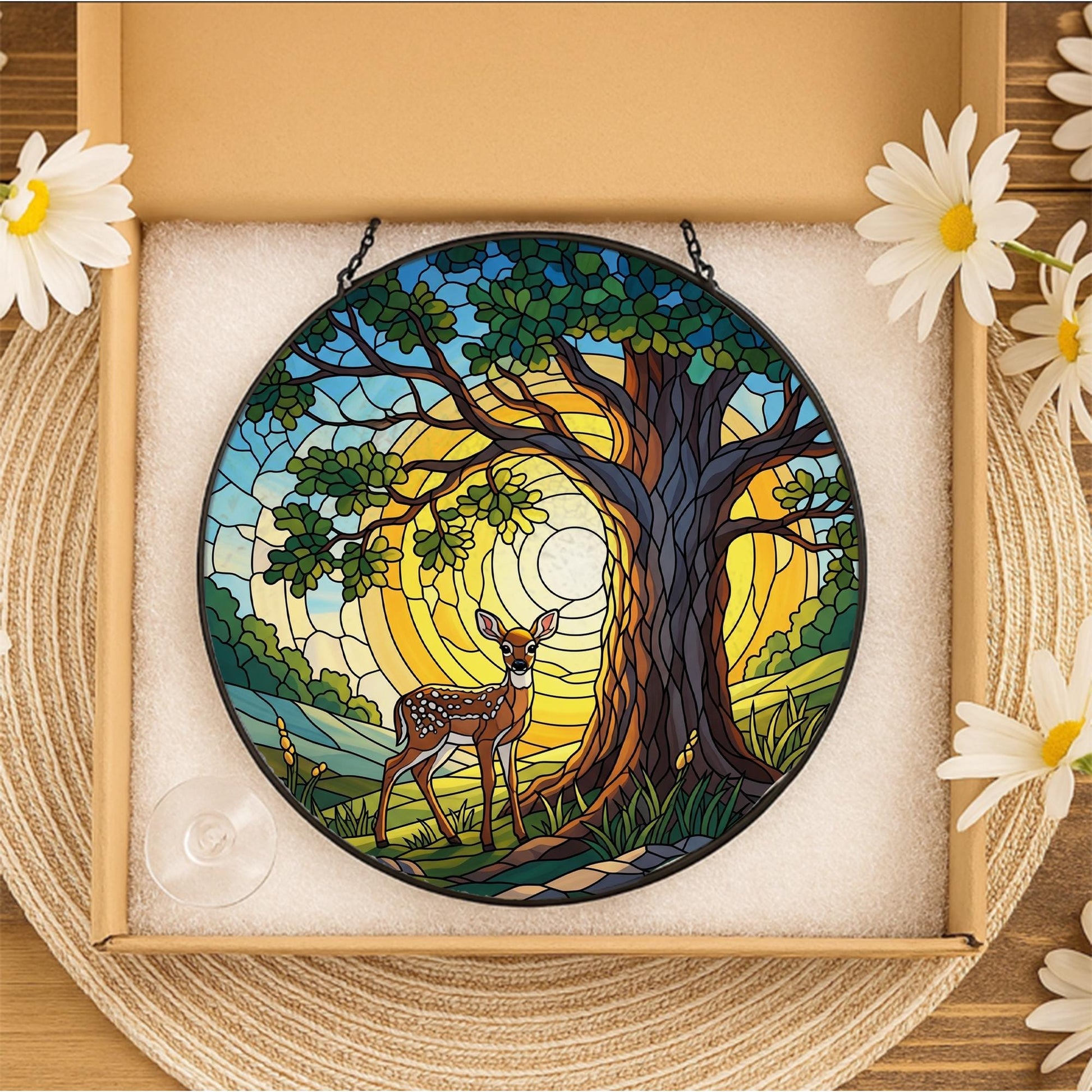 Deer and Oak Tree Faux Glass Suncatcher – Woodland Nature Window Hanging – Forest Animal Stained Glass Style Decor – Sunlit Forest Art