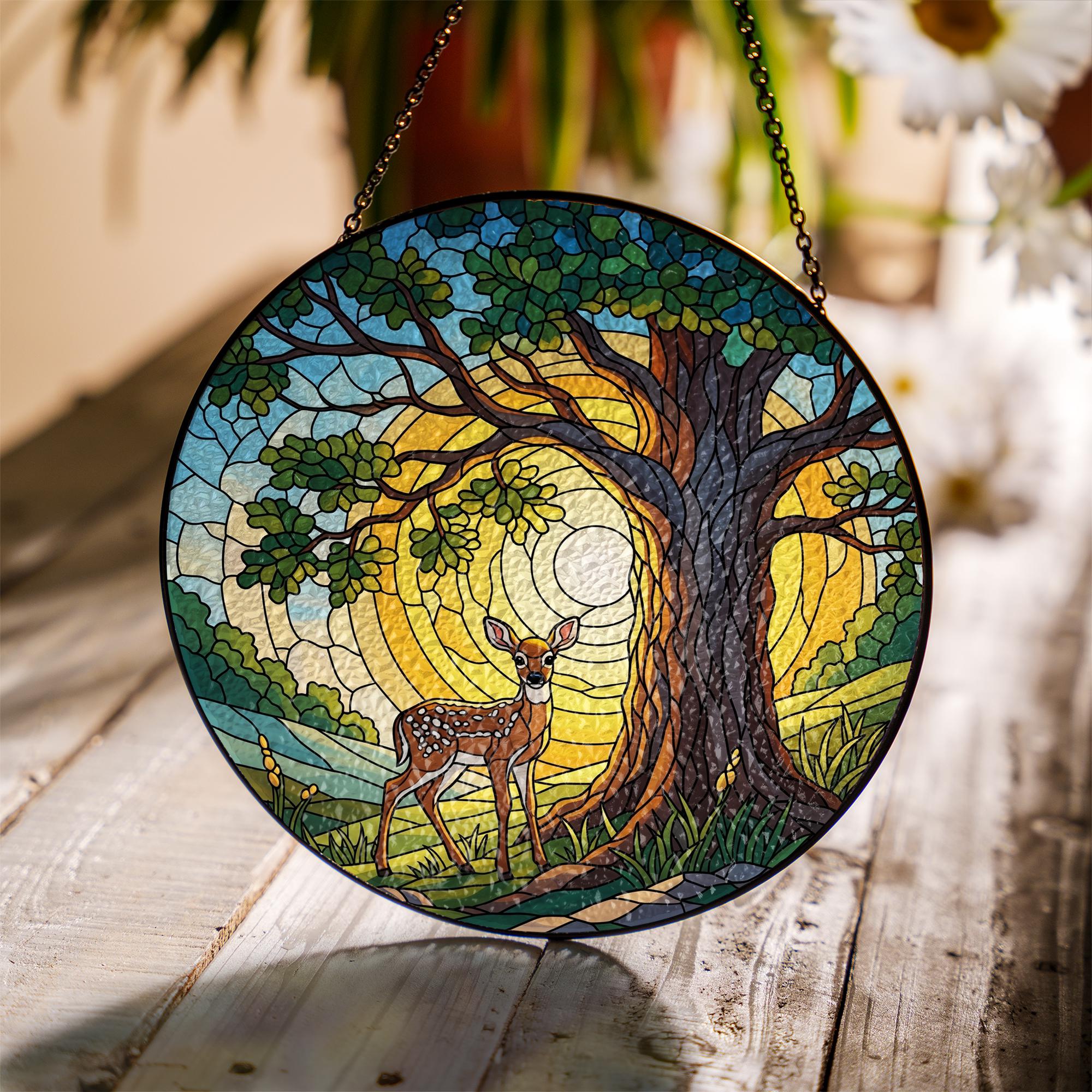 Deer and Oak Tree Faux Glass Suncatcher – Woodland Nature Window Hanging – Forest Animal Stained Glass Style Decor – Sunlit Forest Art