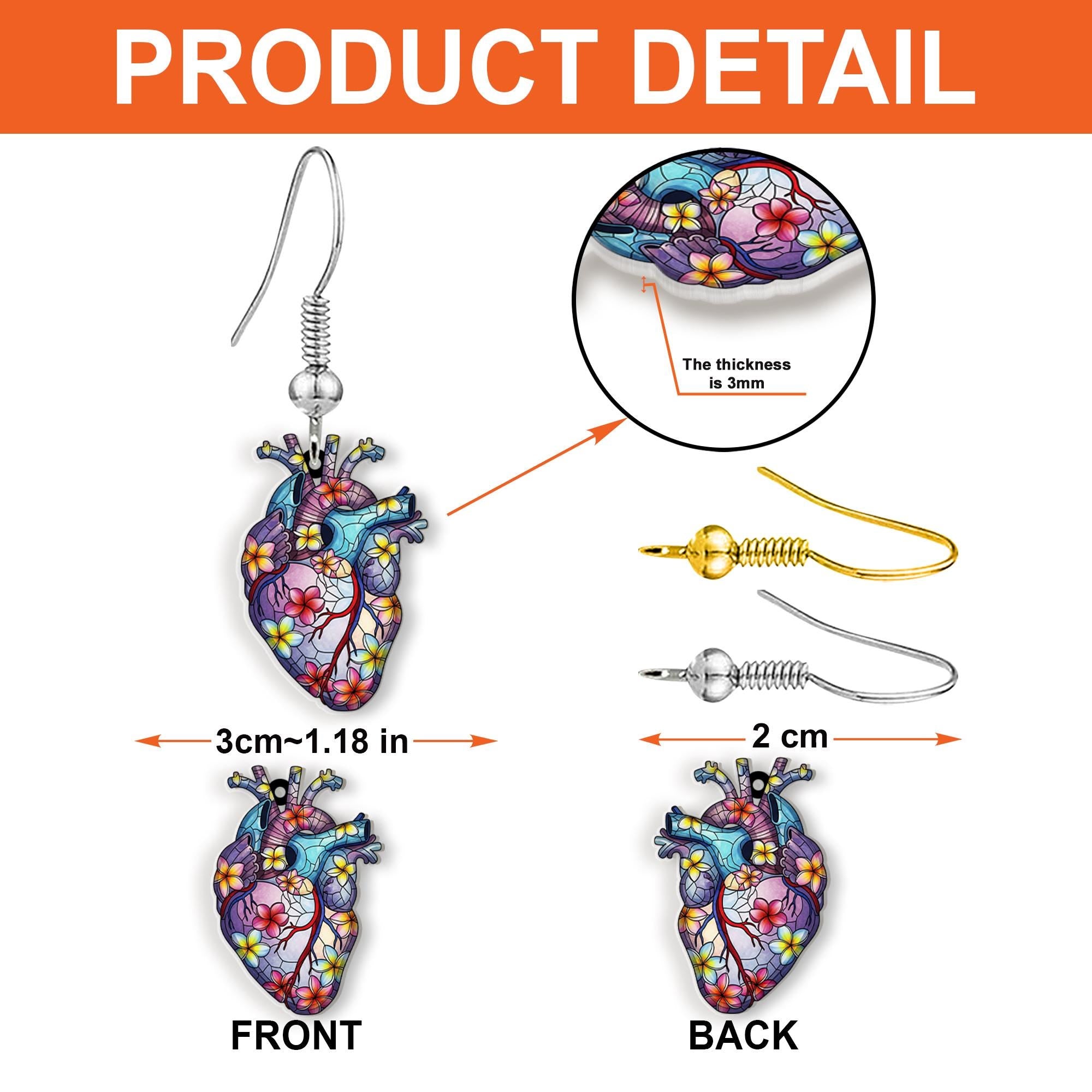 Floral Anatomical Heart Earrings – Plumeria Flower Dangle Jewelry – Unique Medical Gift – Bold Anatomy Art Statement Earrings