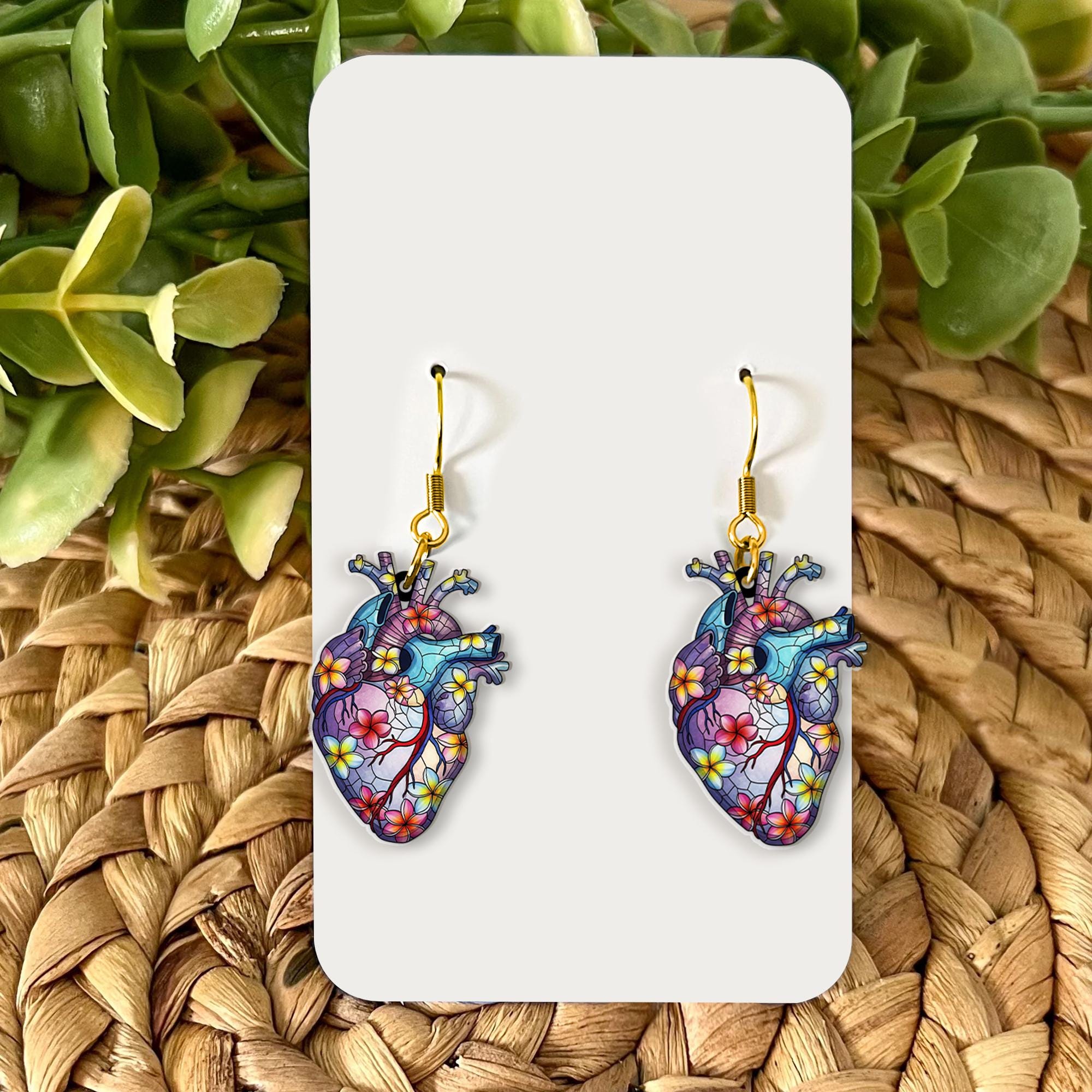 Floral Anatomical Heart Earrings – Plumeria Flower Dangle Jewelry – Unique Medical Gift – Bold Anatomy Art Statement Earrings
