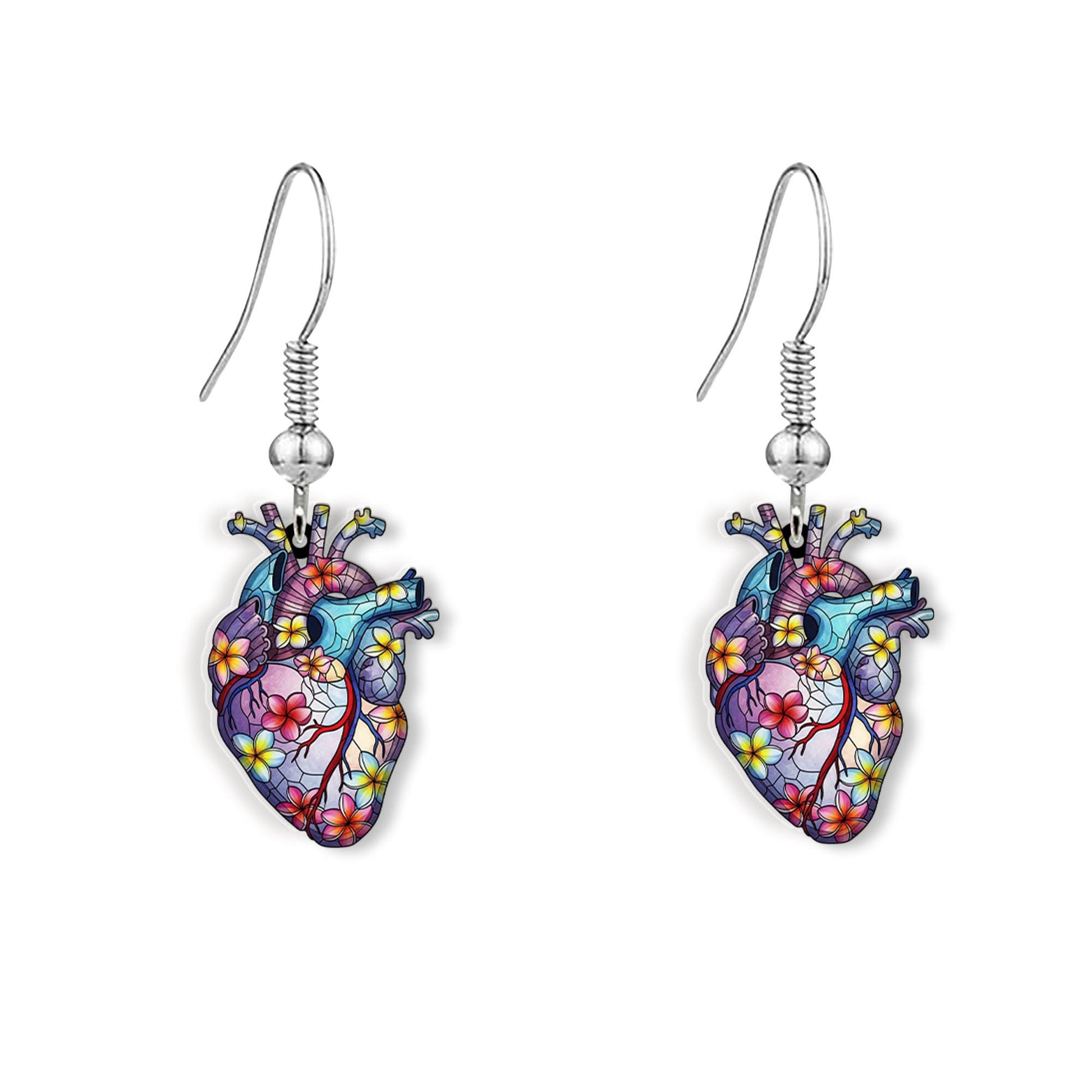 Floral Anatomical Heart Earrings – Plumeria Flower Dangle Jewelry – Unique Medical Gift – Bold Anatomy Art Statement Earrings