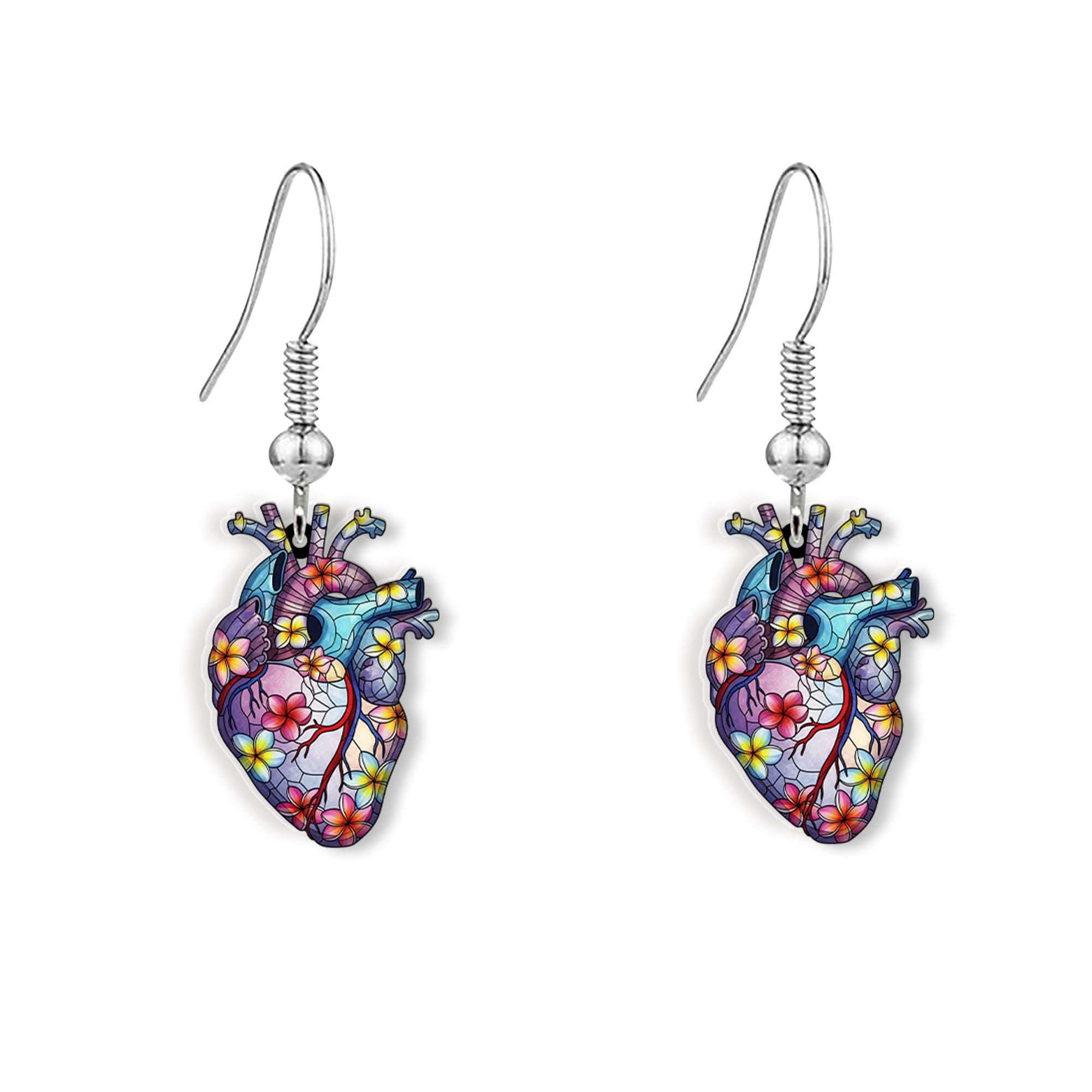 Floral Anatomical Heart Earrings – Plumeria Flower Dangle Jewelry – Unique Medical Gift – Bold Anatomy Art Statement Earrings