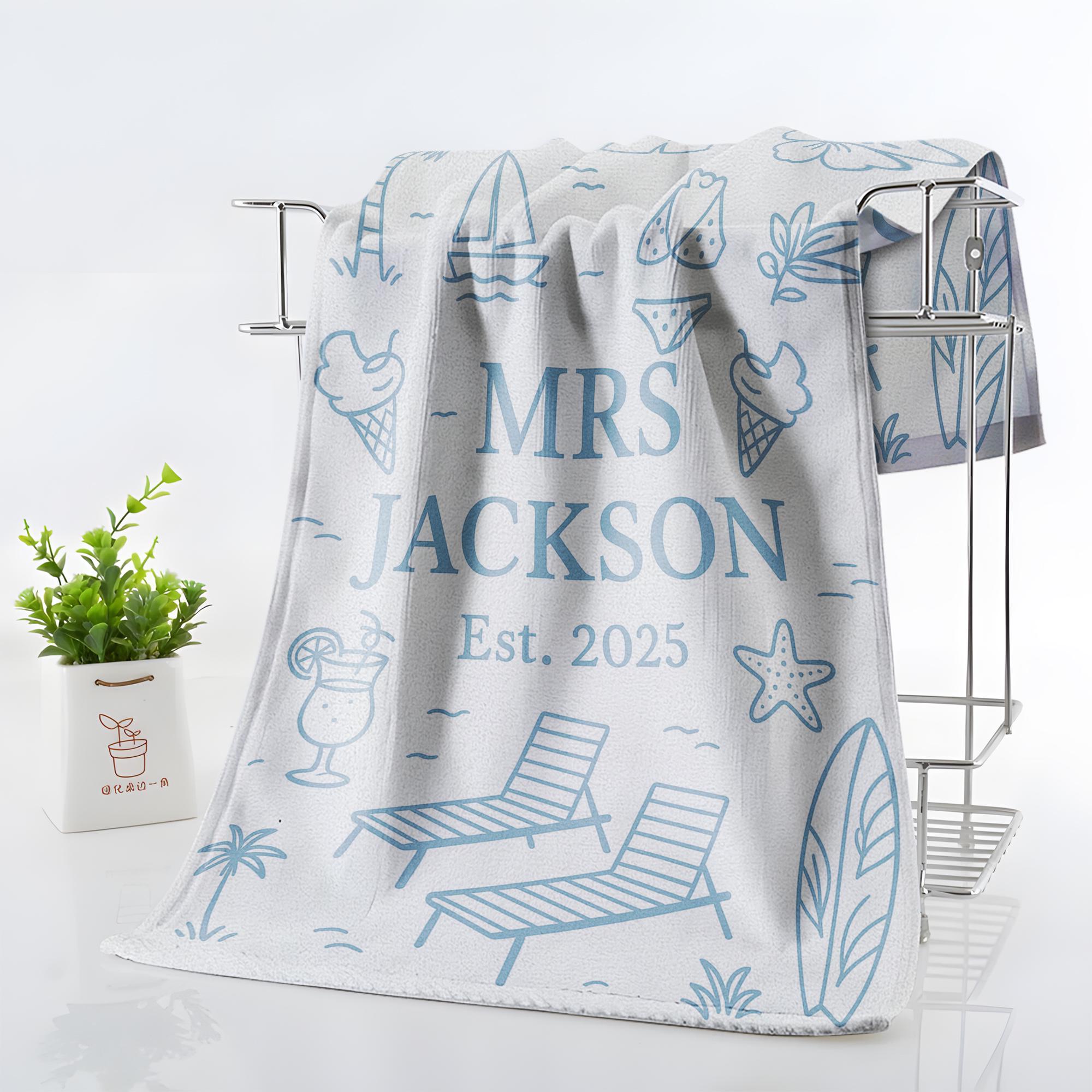 Custom Honeymoon Towel – Personalized Mr. & Mrs. Beach Towel, Wedding Gift for Couple, Tropical Vacation Pool Spa Towel, Est. Year