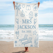 Custom Honeymoon Towel – Personalized Mr. & Mrs. Beach Towel, Wedding Gift for Couple, Tropical Vacation Pool Spa Towel, Est. Year