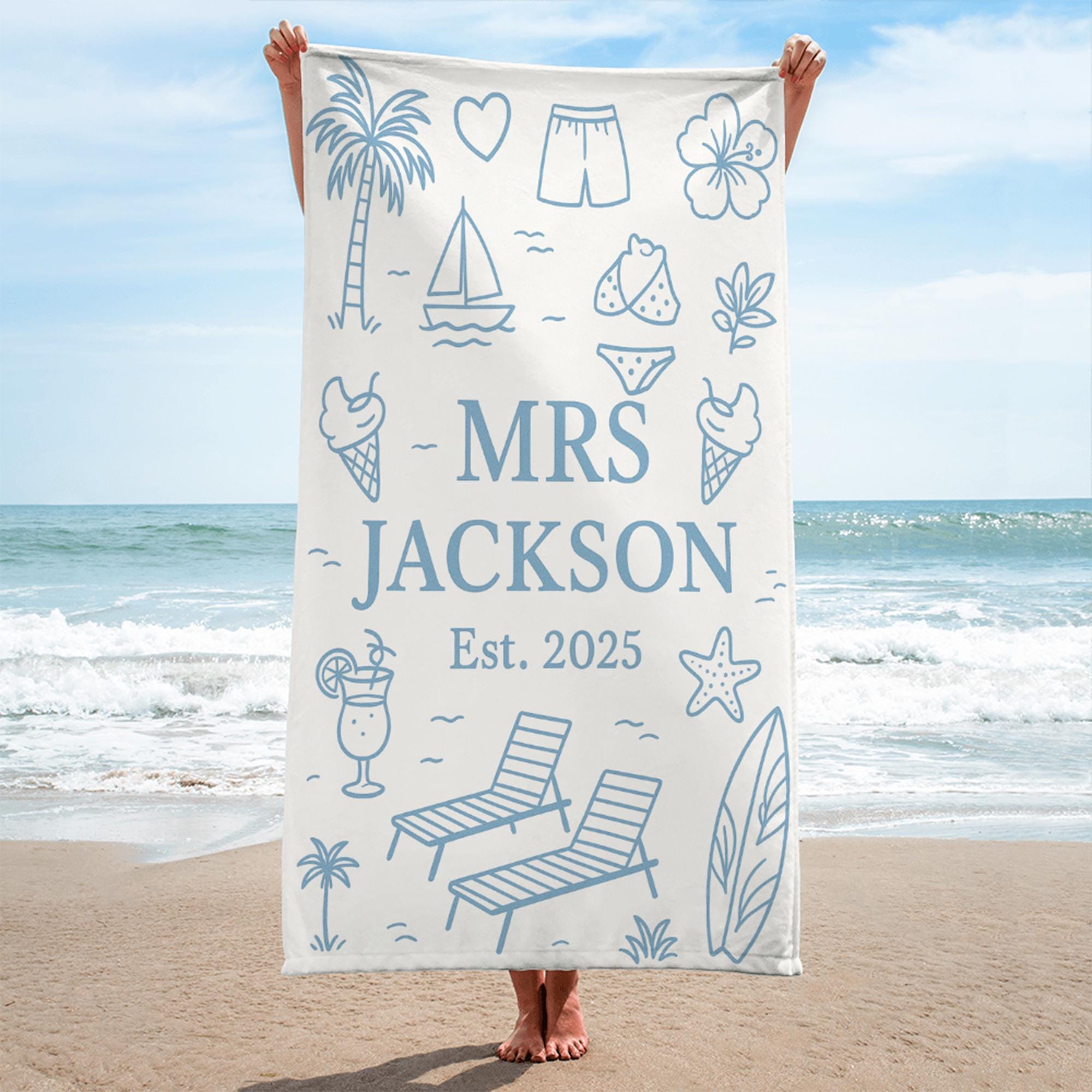 Custom Honeymoon Towel – Personalized Mr. & Mrs. Beach Towel, Wedding Gift for Couple, Tropical Vacation Pool Spa Towel, Est. Year