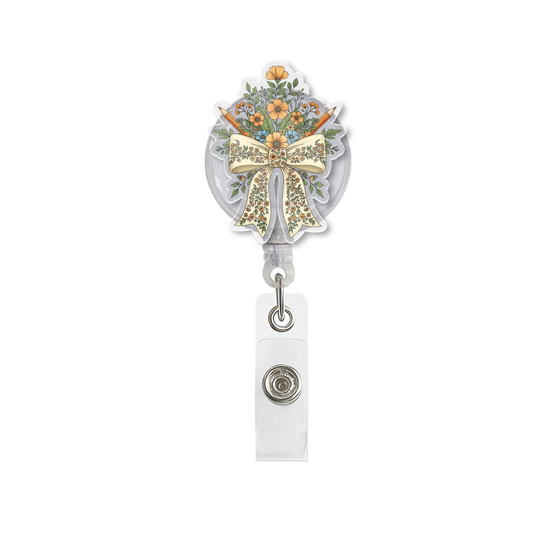 Floral Bow Badge Reel – Cute Retractable ID Holder for Nurses, Teachers, Office Staff, Vintage Style Badge Clip with Flowers & Ribbon