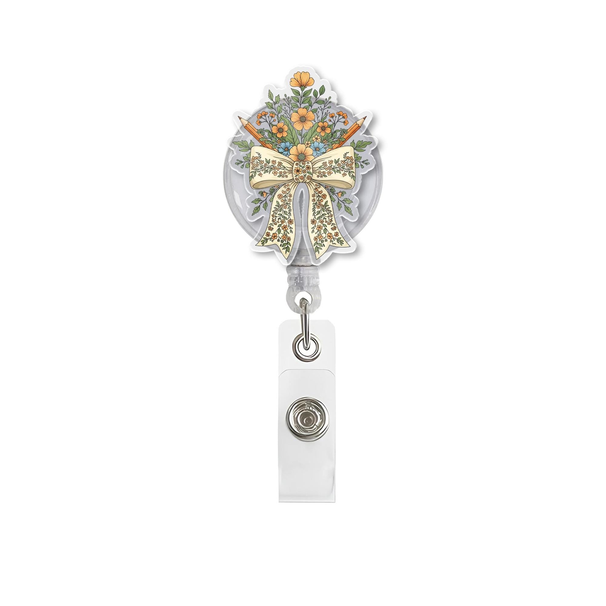 Floral Bow Badge Reel – Cute Retractable ID Holder for Nurses, Teachers, Office Staff, Vintage Style Badge Clip with Flowers & Ribbon