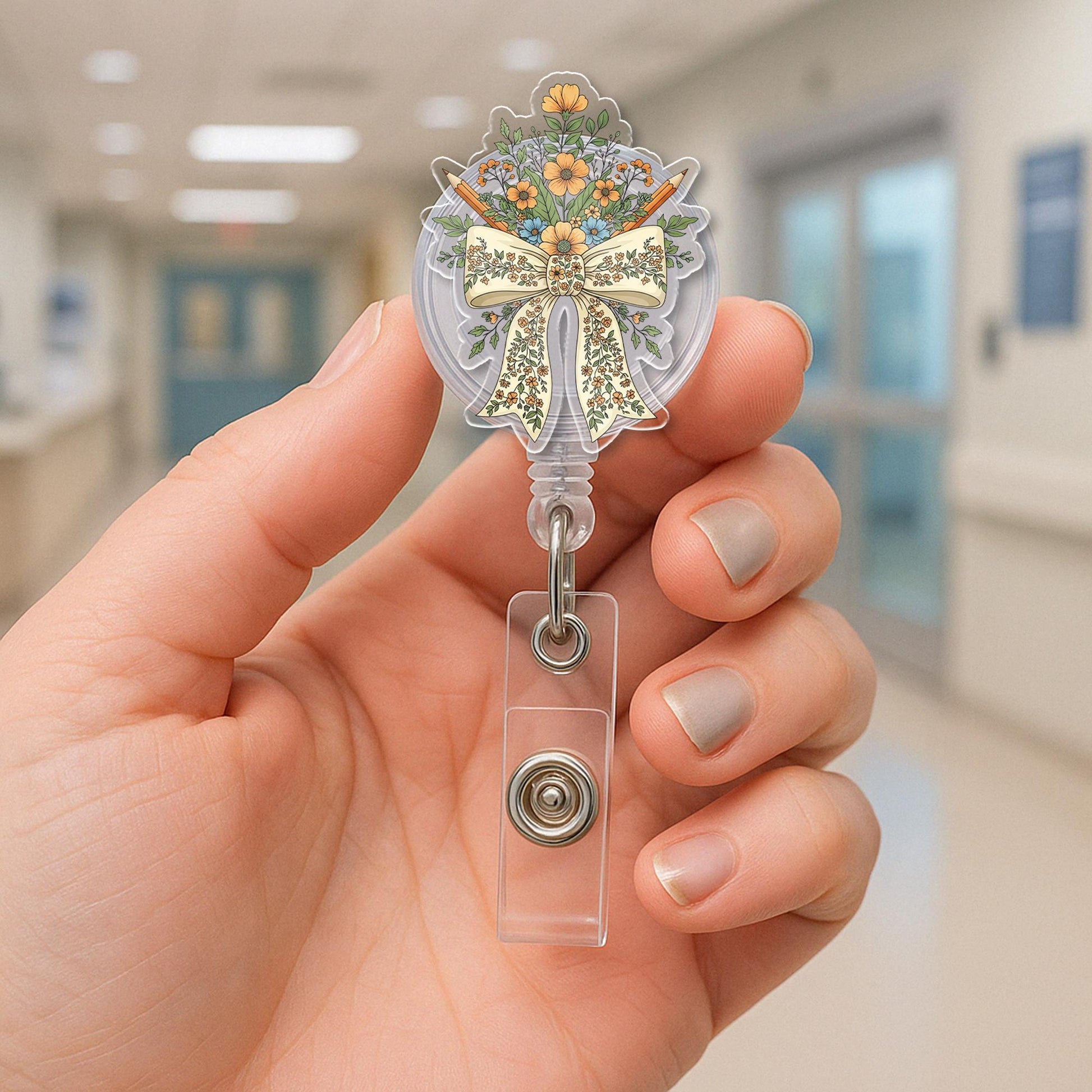 Floral Bow Badge Reel – Cute Retractable ID Holder for Nurses, Teachers, Office Staff, Vintage Style Badge Clip with Flowers & Ribbon