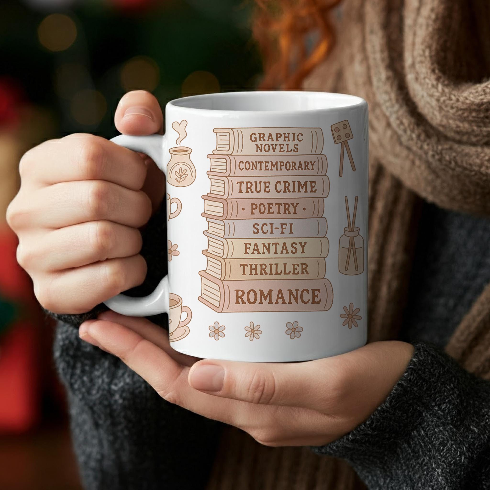 Book Genre Lover Mug – Cute Book Stack Coffee Cup for Readers, Cozy Literary Gift for Bookworms, True Crime Fantasy Romance Mug