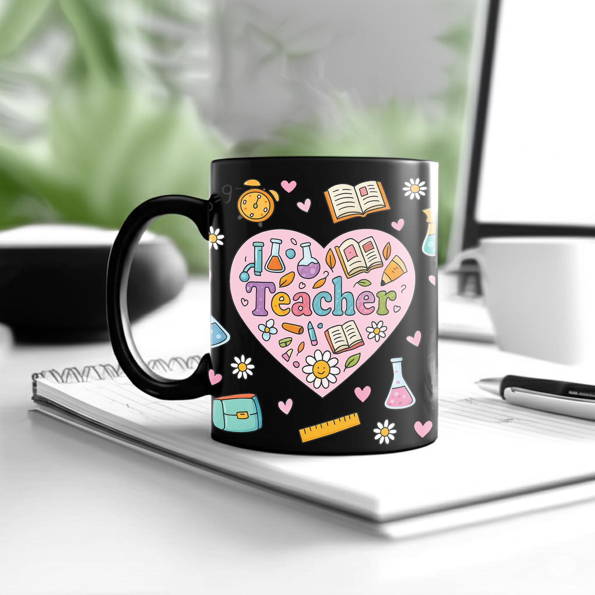 I Love Teacher Mug – Cute Teacher Appreciation Gift, Back to School Coffee Cup, Colorful Classroom Icon Design for Educators & Staff