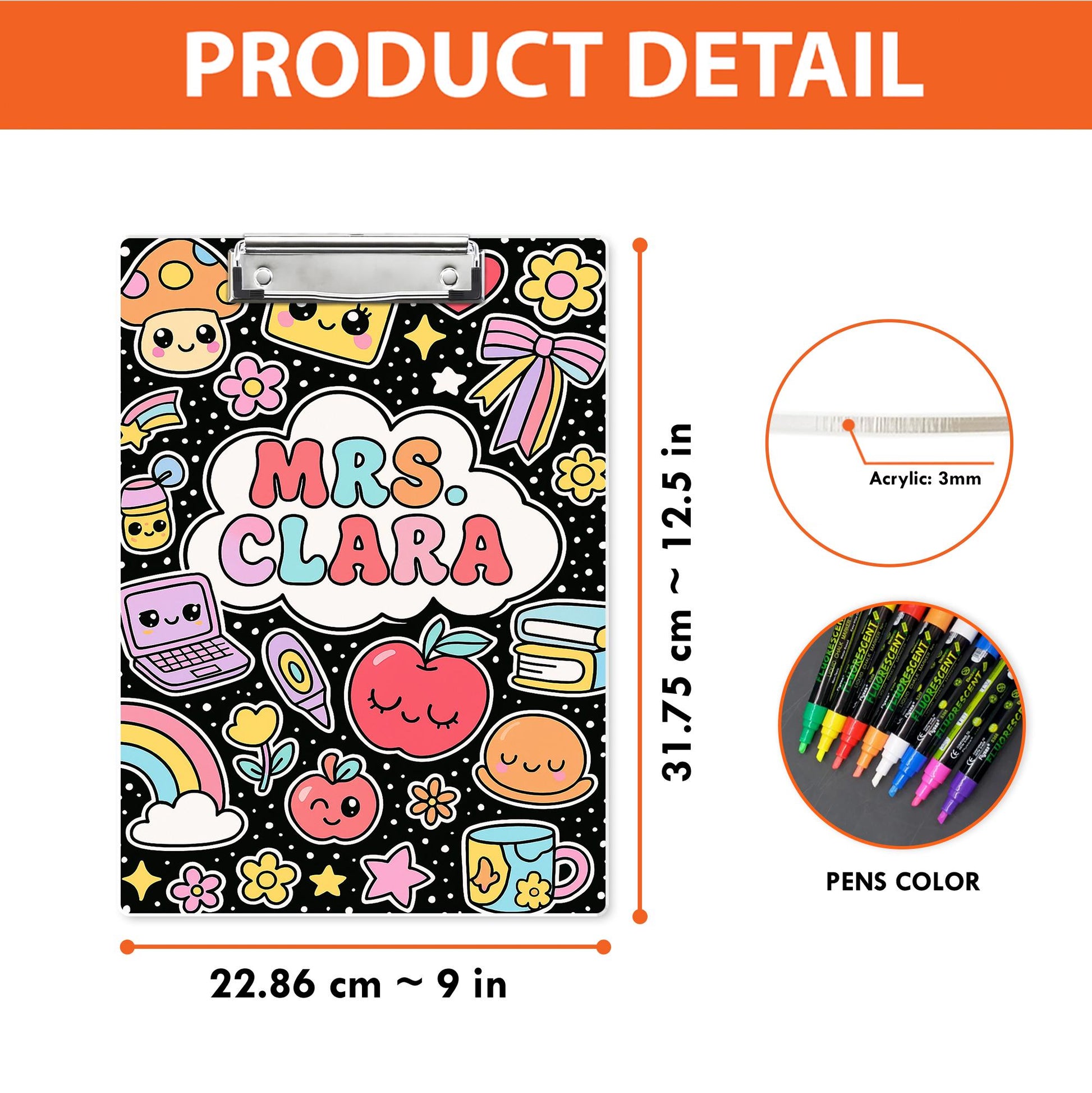Personalized Kawaii Teacher Clipboard – Personalized Cute Clipboard for School, Custom Name Classroom Supply, Gift for Teachers