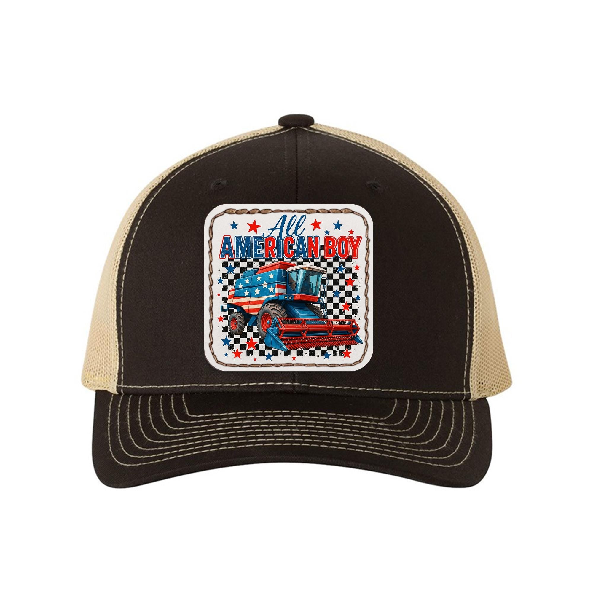 All American Boy Trucker Hat – Combine Harvester Cap for Farmers & Boys – Patriotic USA Flag Hat – 4th of July Farm Gift