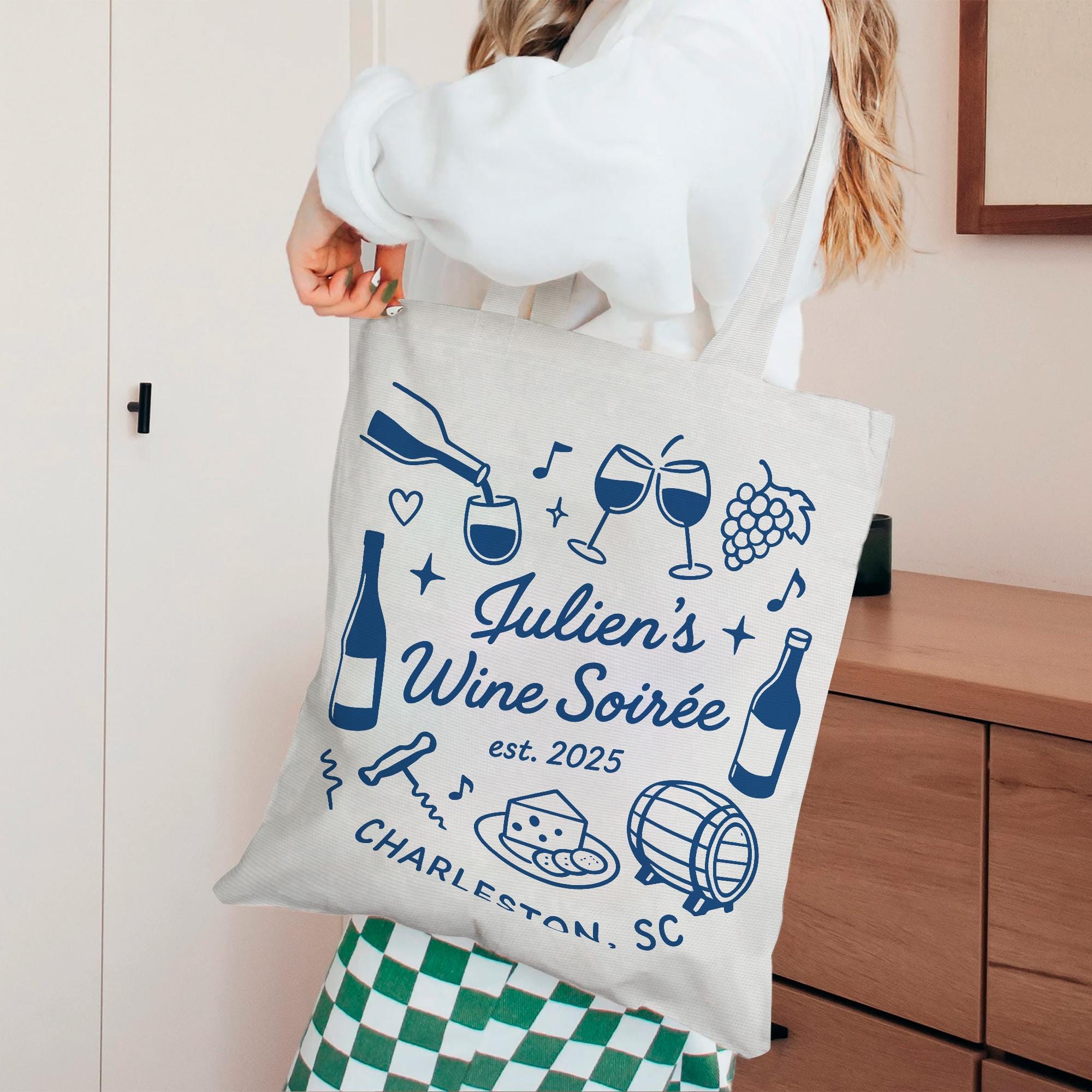 Custom Wine Soirée Tote Bag – Personalized Wine Night Gift, Vineyard Party Favor, Cheese & Wine Club Bag, Girls Trip Keepsake