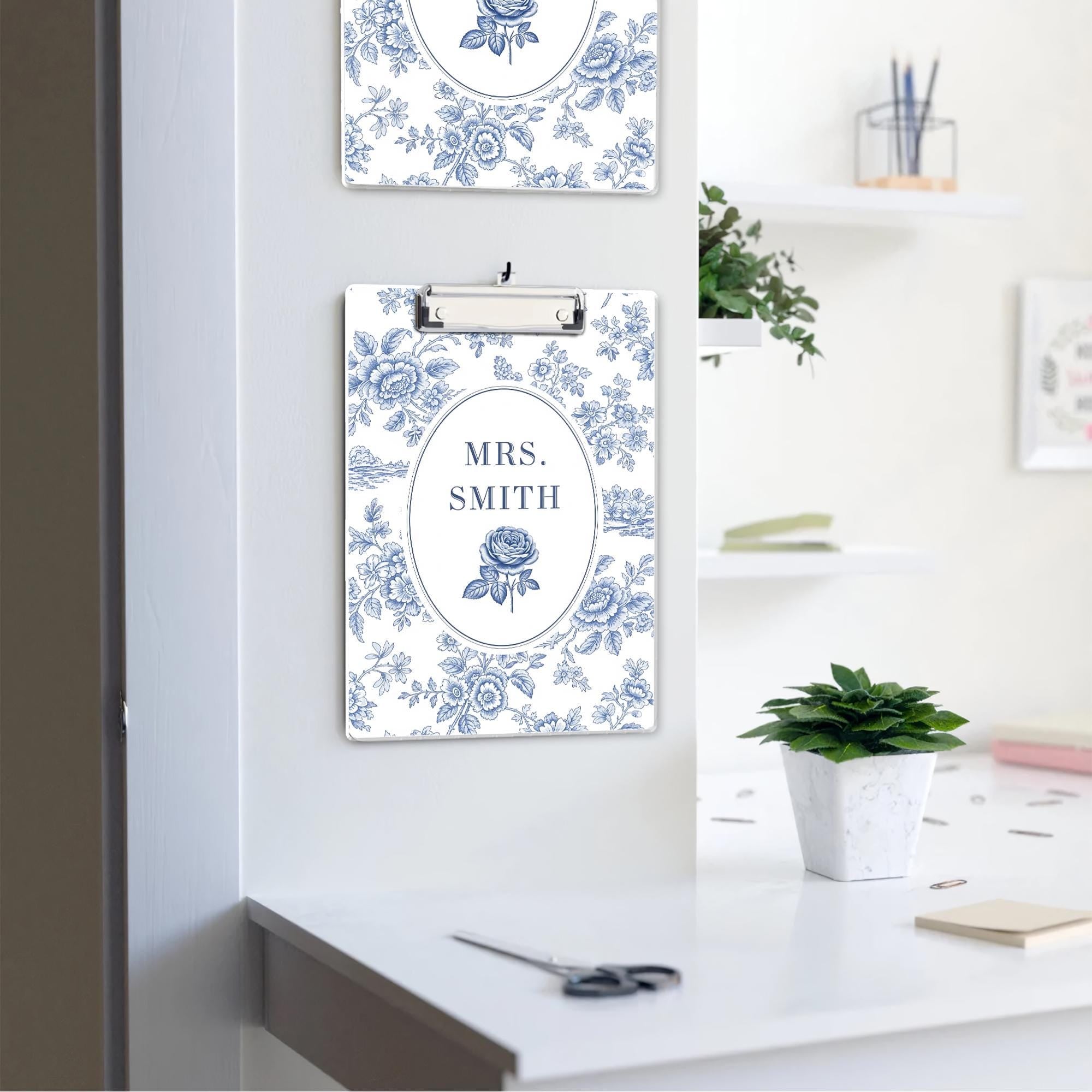 Personalized Chinoiserie Teacher Clipboard – Custom Name Elegant Vintage Toile Design, Gift for Teachers, Office, or Classroom Use