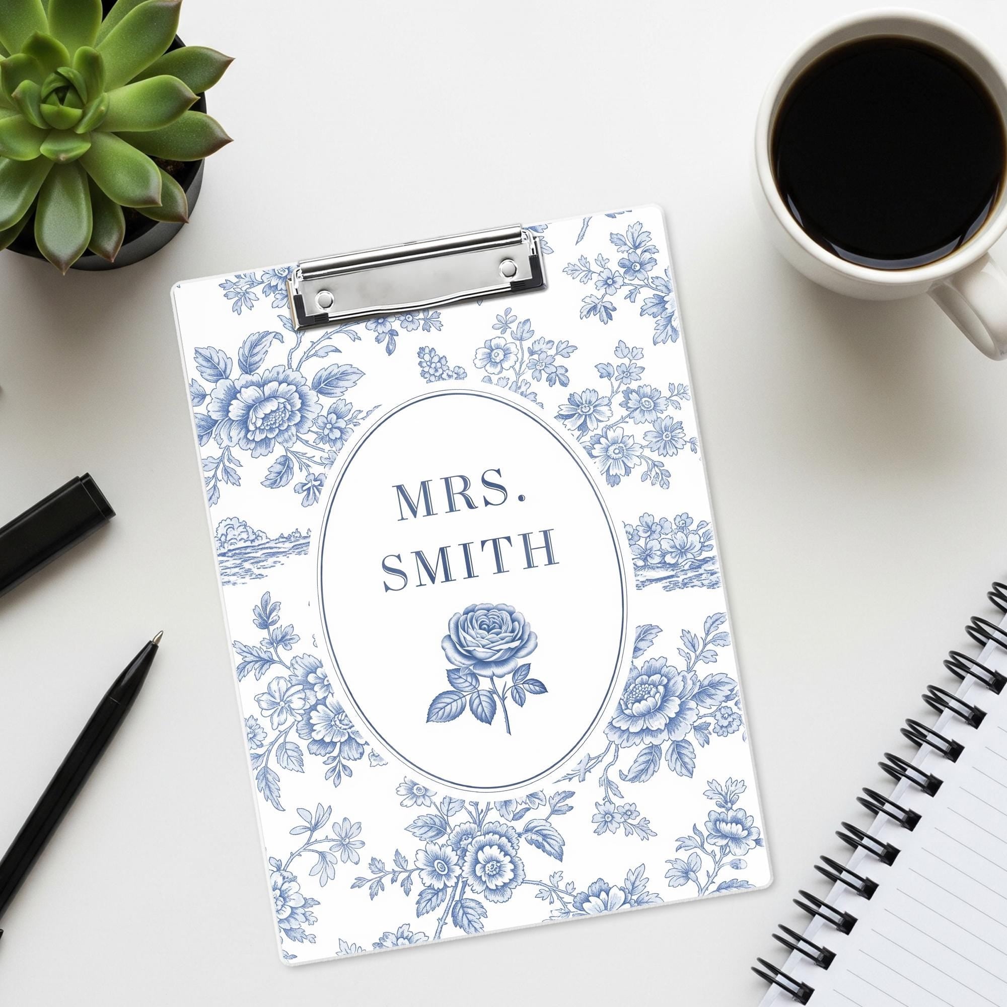 Personalized Chinoiserie Teacher Clipboard – Custom Name Elegant Vintage Toile Design, Gift for Teachers, Office, or Classroom Use