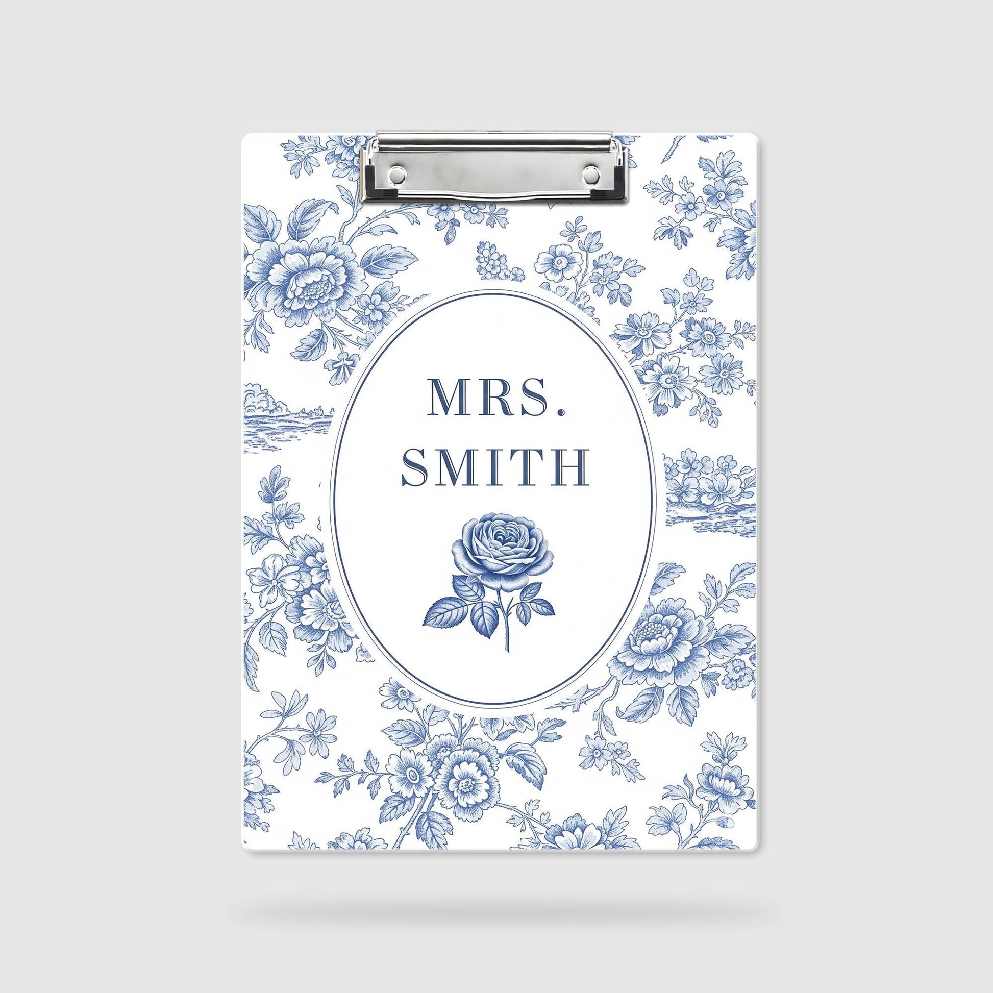 Personalized Chinoiserie Teacher Clipboard – Custom Name Elegant Vintage Toile Design, Gift for Teachers, Office, or Classroom Use