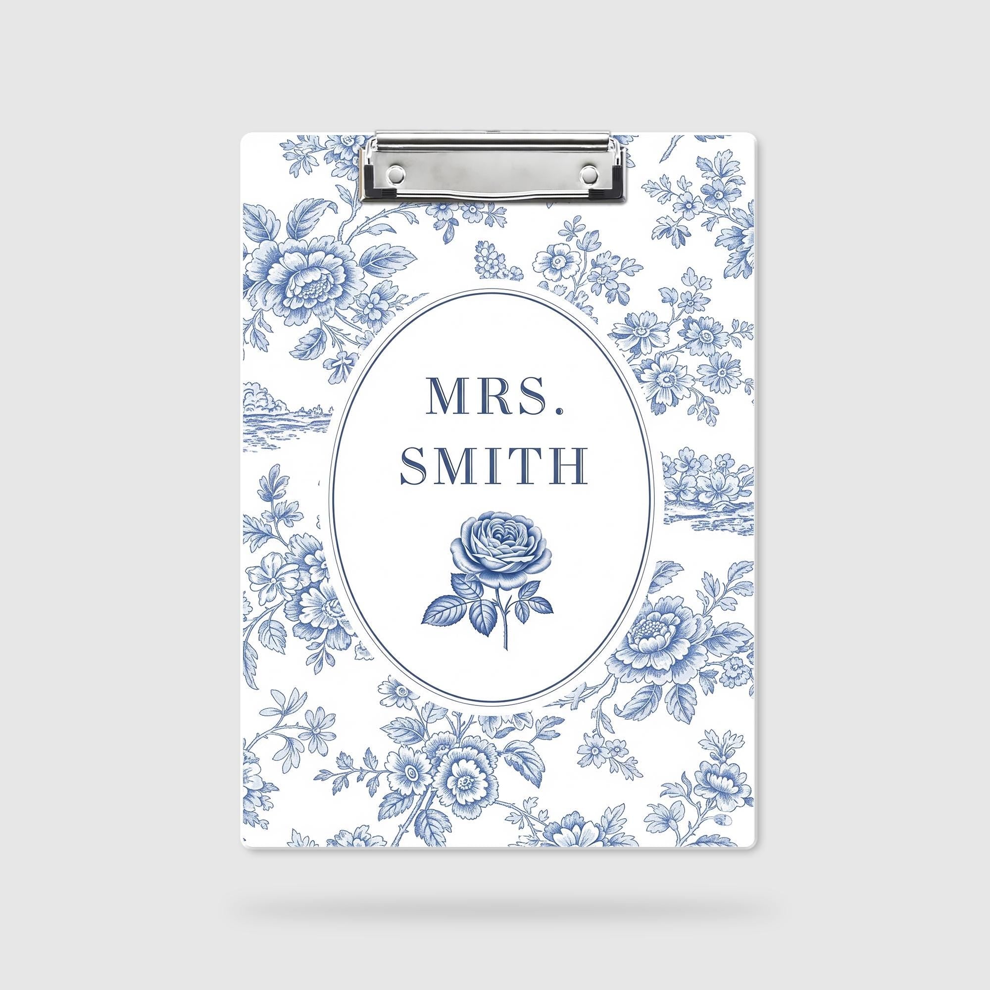 Personalized Chinoiserie Teacher Clipboard – Custom Name Elegant Vintage Toile Design, Gift for Teachers, Office, or Classroom Use