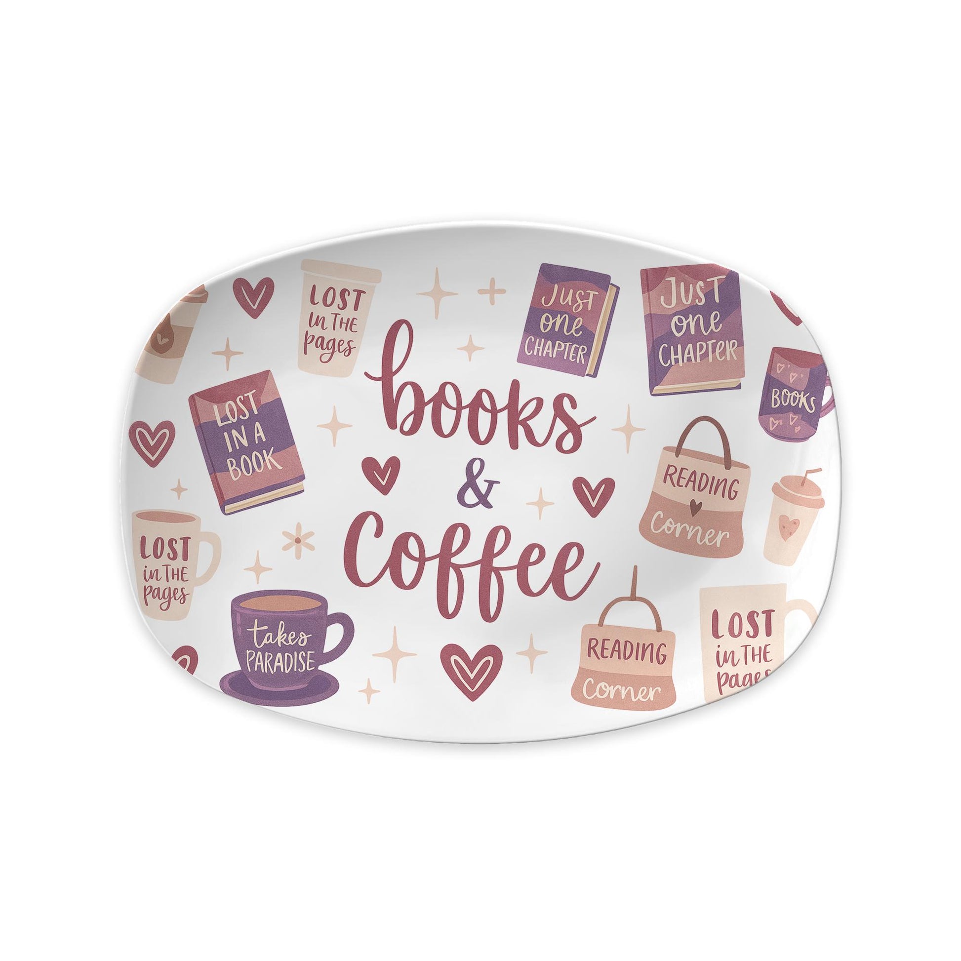 Books and Coffee Platter – Cozy Book Lover Ceramic Tray, Reading Corner Gift, Cute Literary Decor for Coffee Table or Bookish Kitchen