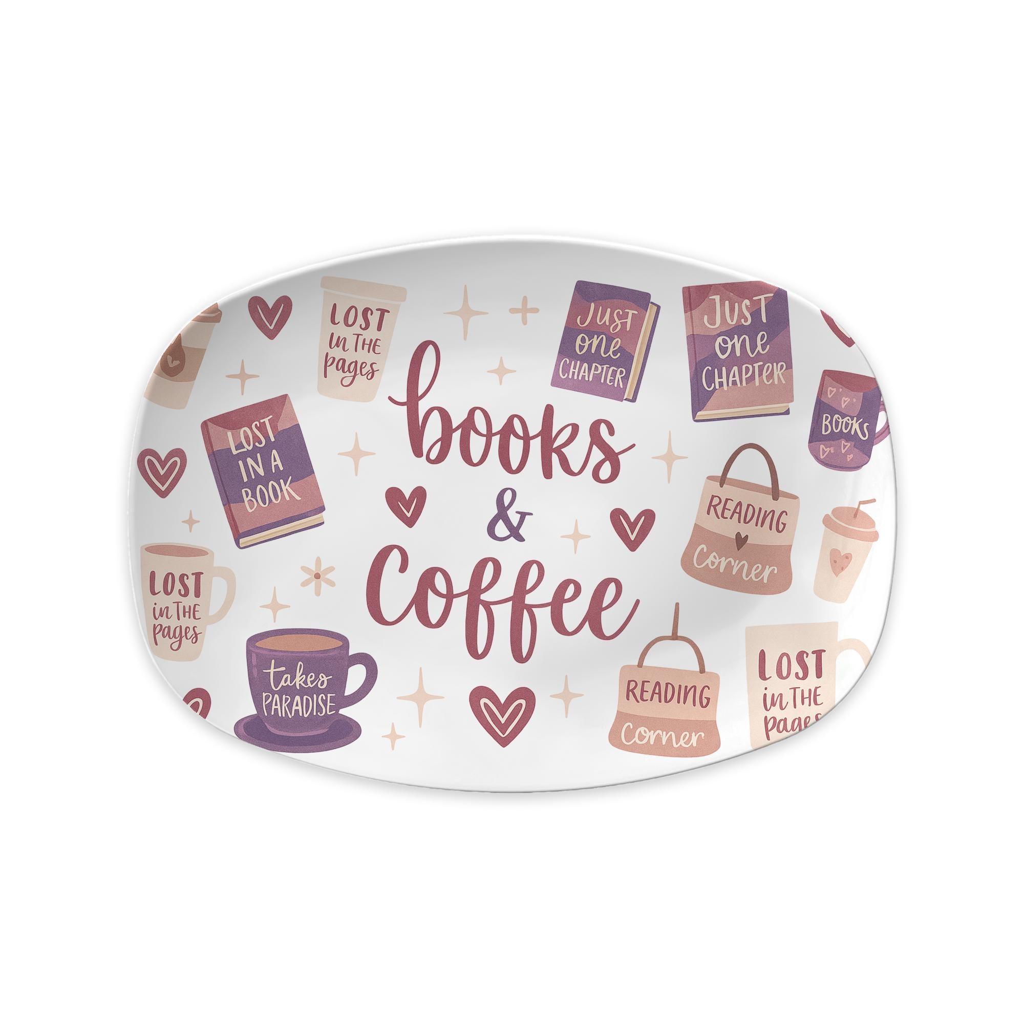 Books and Coffee Platter – Cozy Book Lover Ceramic Tray, Reading Corner Gift, Cute Literary Decor for Coffee Table or Bookish Kitchen