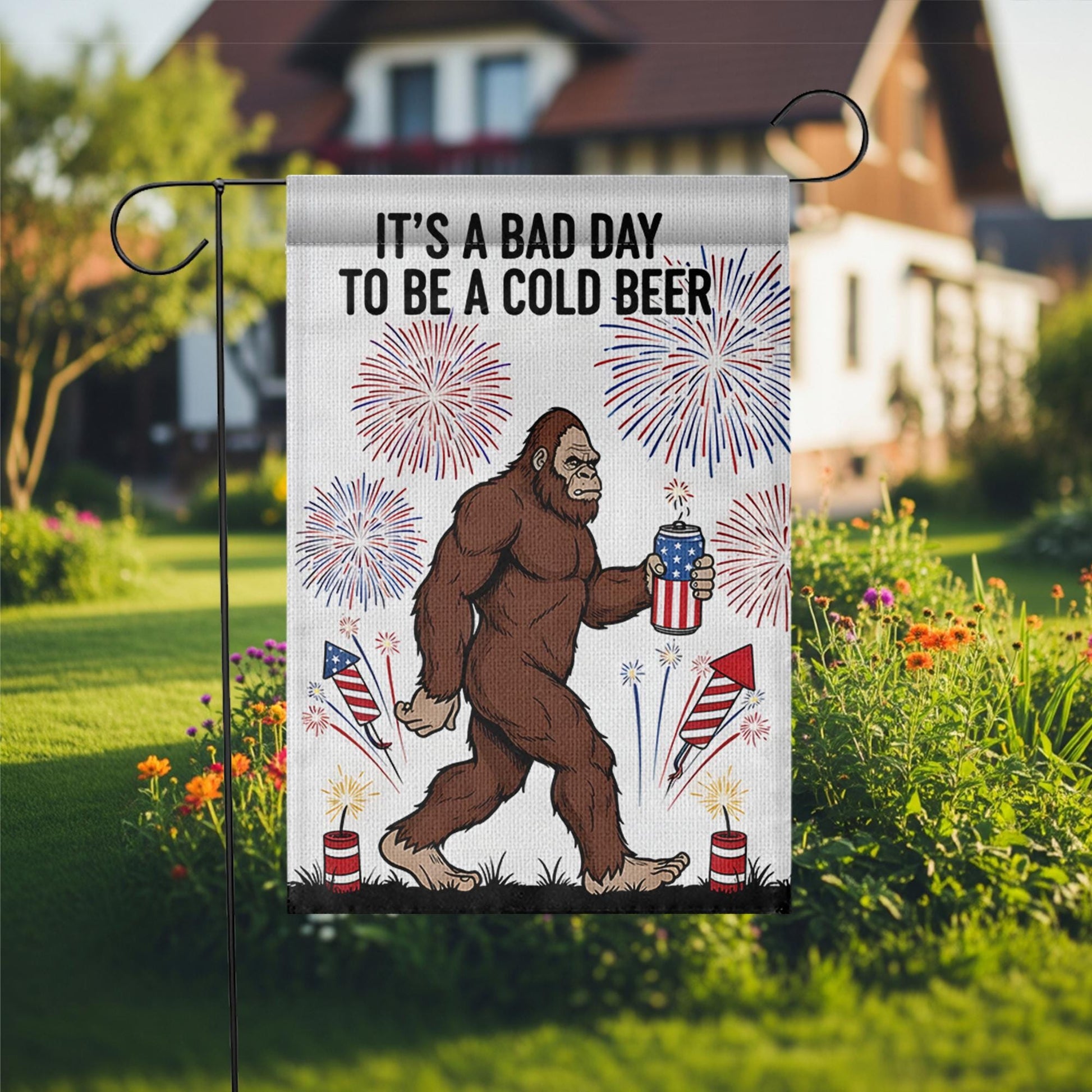 Patriotic Bigfoot Garden Flag, Funny 4th of July Decor, Bad Day to Be a Cold Beer, USA Sasquatch Beer Outdoor Flag, Independence Day Decor