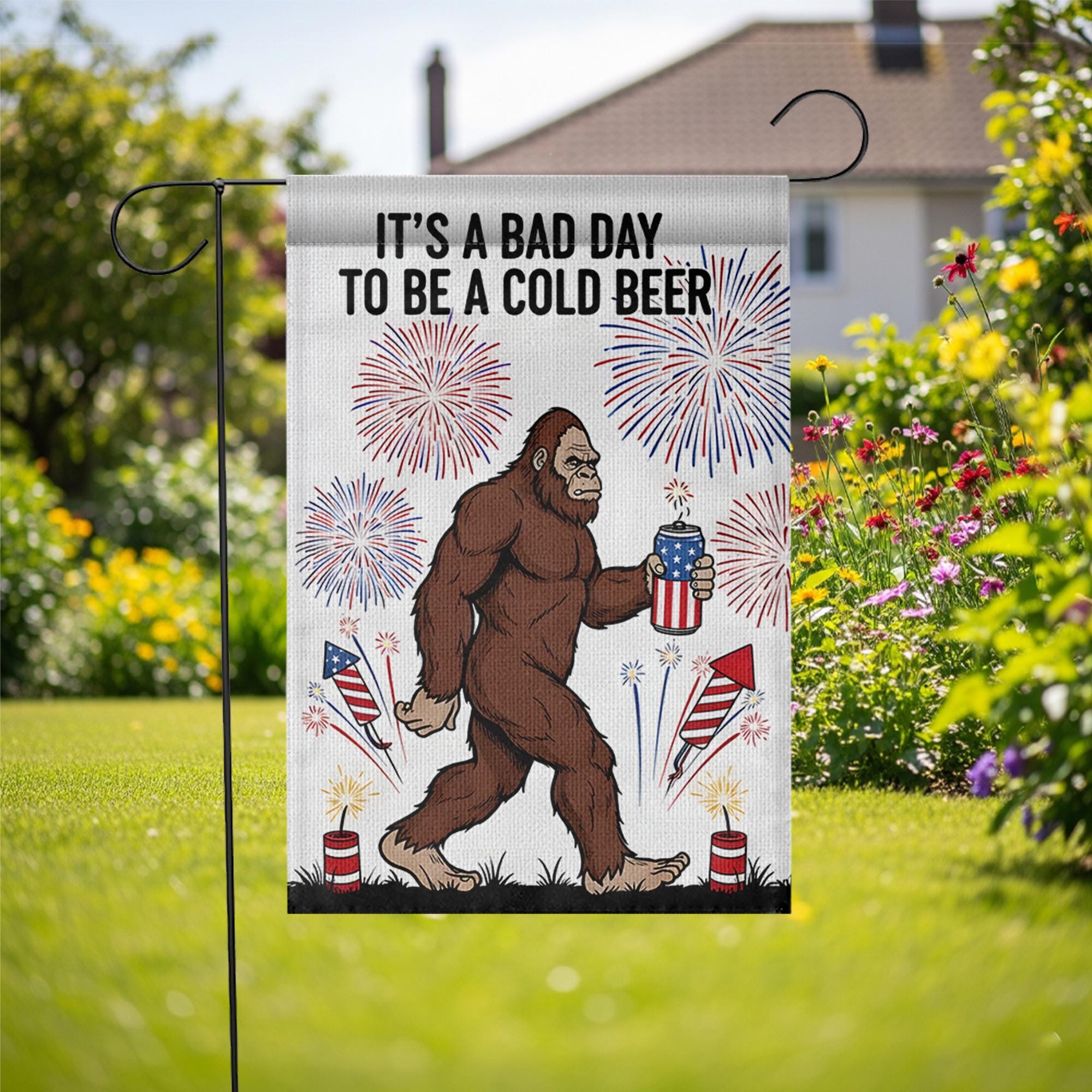 Patriotic Bigfoot Garden Flag, Funny 4th of July Decor, Bad Day to Be a Cold Beer, USA Sasquatch Beer Outdoor Flag, Independence Day Decor