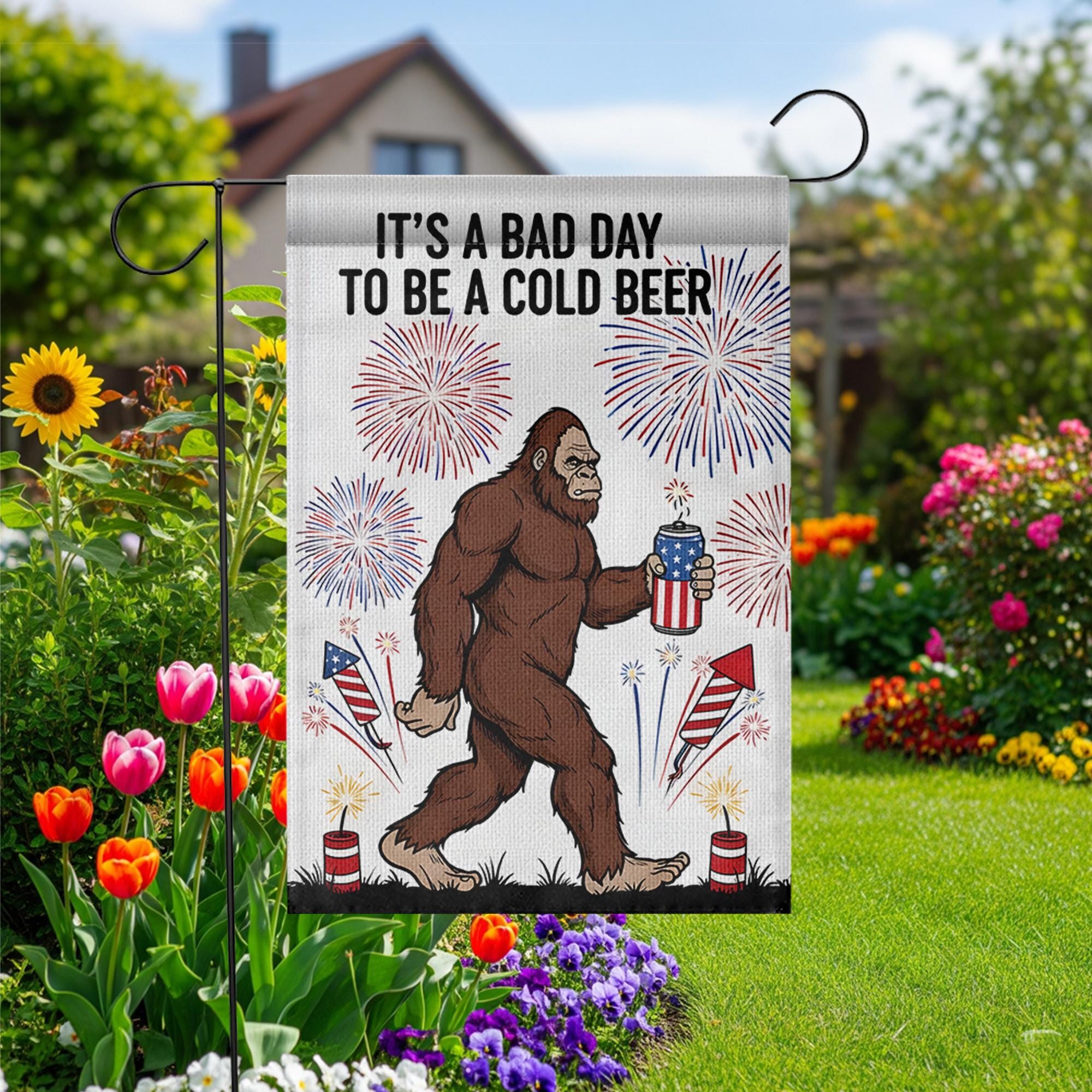 Patriotic Bigfoot Garden Flag, Funny 4th of July Decor, Bad Day to Be a Cold Beer, USA Sasquatch Beer Outdoor Flag, Independence Day Decor