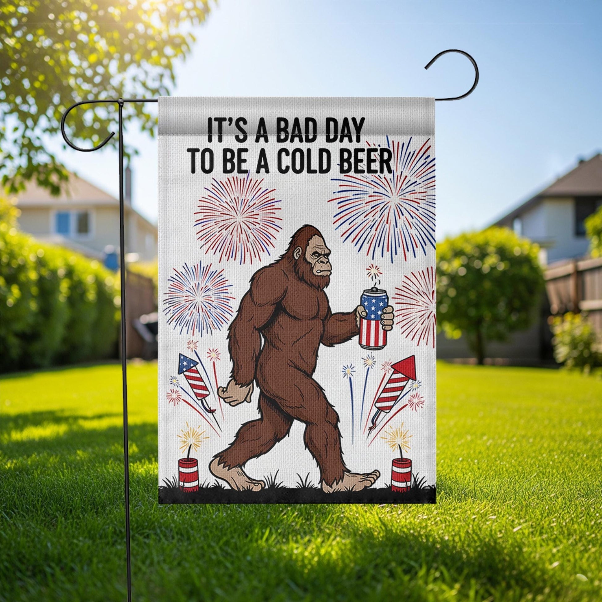 Patriotic Bigfoot Garden Flag, Funny 4th of July Decor, Bad Day to Be a Cold Beer, USA Sasquatch Beer Outdoor Flag, Independence Day Decor