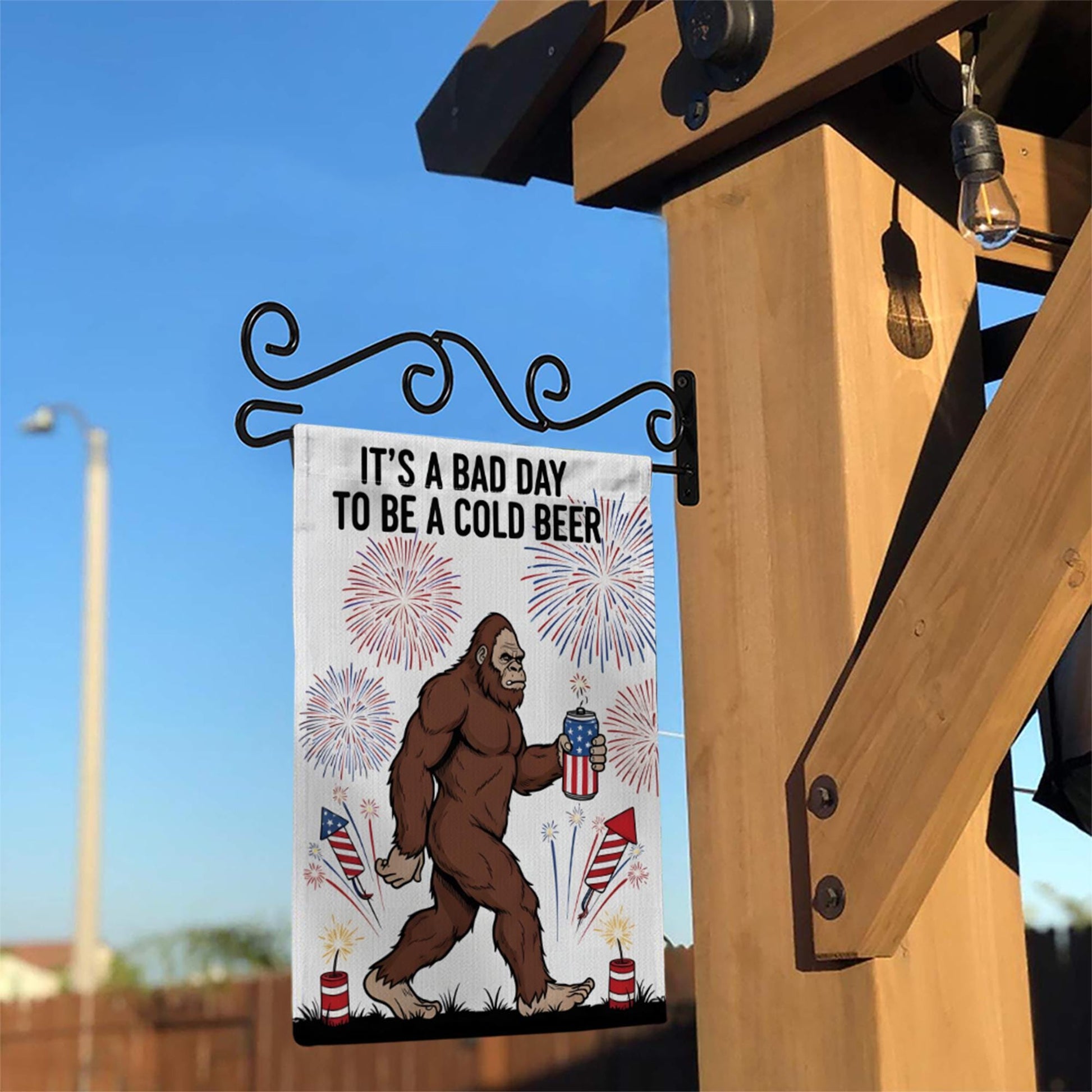 Patriotic Bigfoot Garden Flag, Funny 4th of July Decor, Bad Day to Be a Cold Beer, USA Sasquatch Beer Outdoor Flag, Independence Day Decor