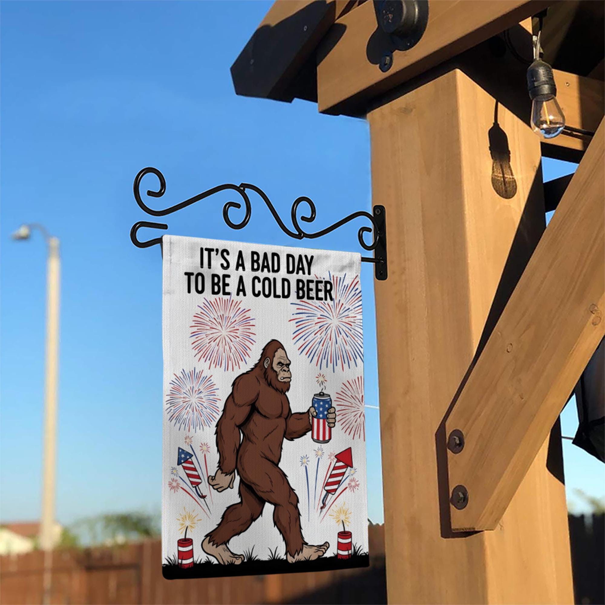 Patriotic Bigfoot Garden Flag, Funny 4th of July Decor, Bad Day to Be a Cold Beer, USA Sasquatch Beer Outdoor Flag, Independence Day Decor