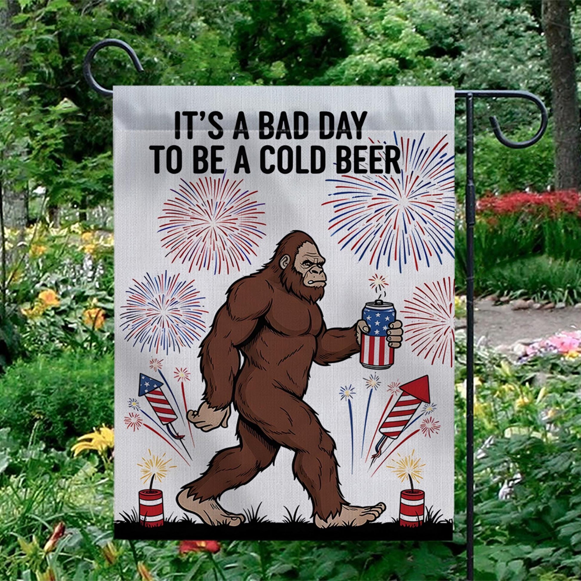 Patriotic Bigfoot Garden Flag, Funny 4th of July Decor, Bad Day to Be a Cold Beer, USA Sasquatch Beer Outdoor Flag, Independence Day Decor
