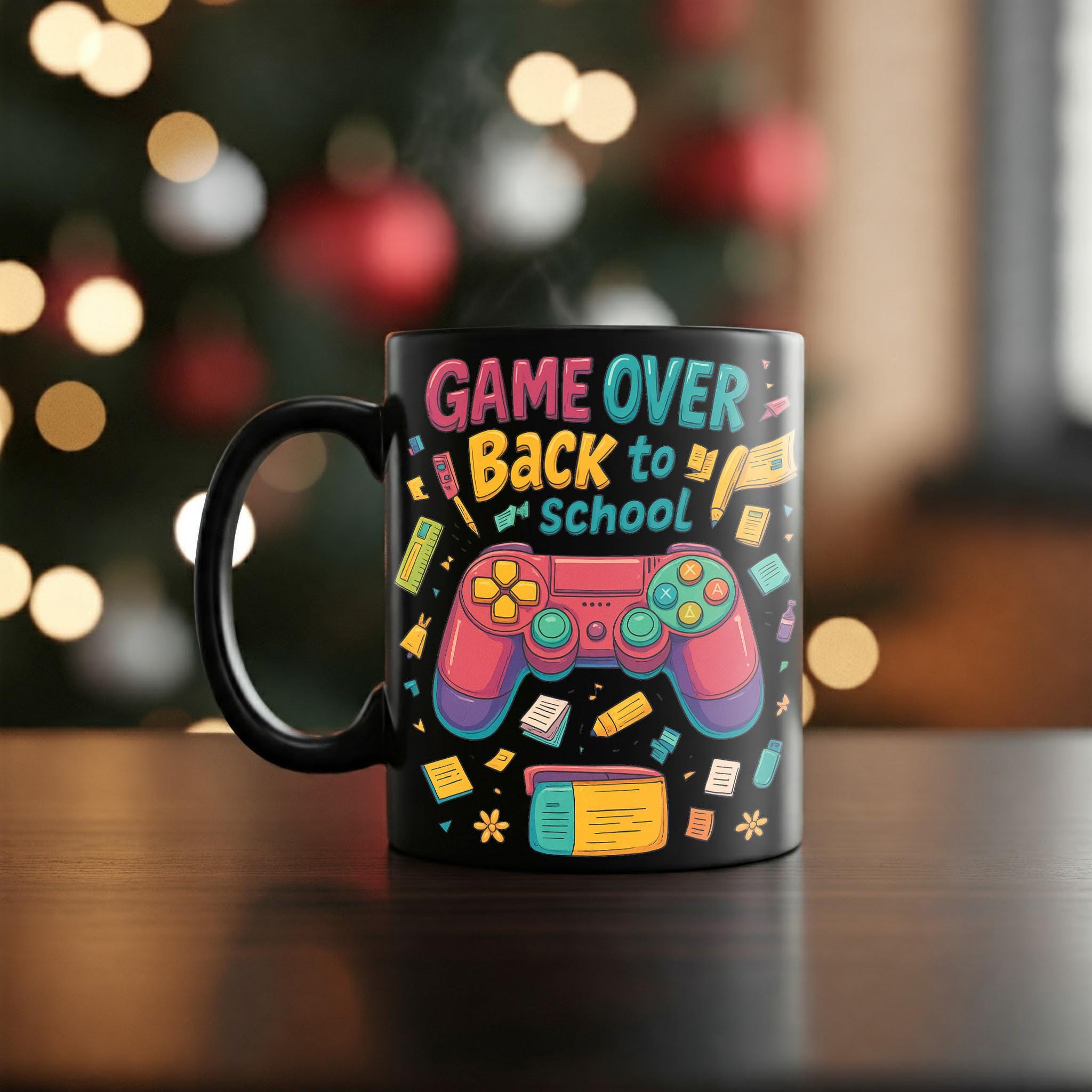 Game Over Back to School Mug – Funny Gamer Coffee Cup for Teachers, Students, or Kids, Video Game Controller Design, First Day Gif