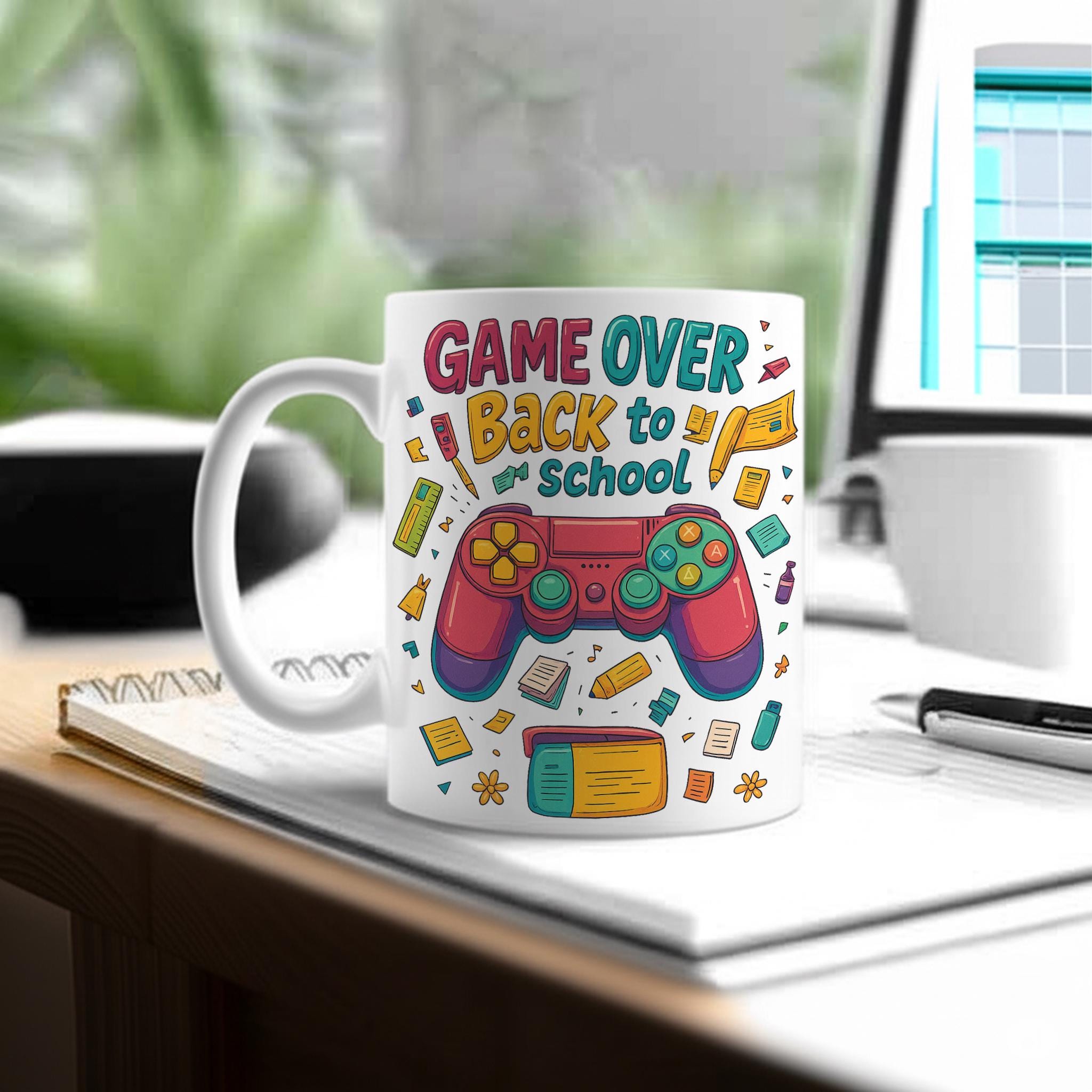 Game Over Back to School Mug – Funny Gamer Coffee Cup for Teachers, Students, or Kids, Video Game Controller Design, First Day Gif