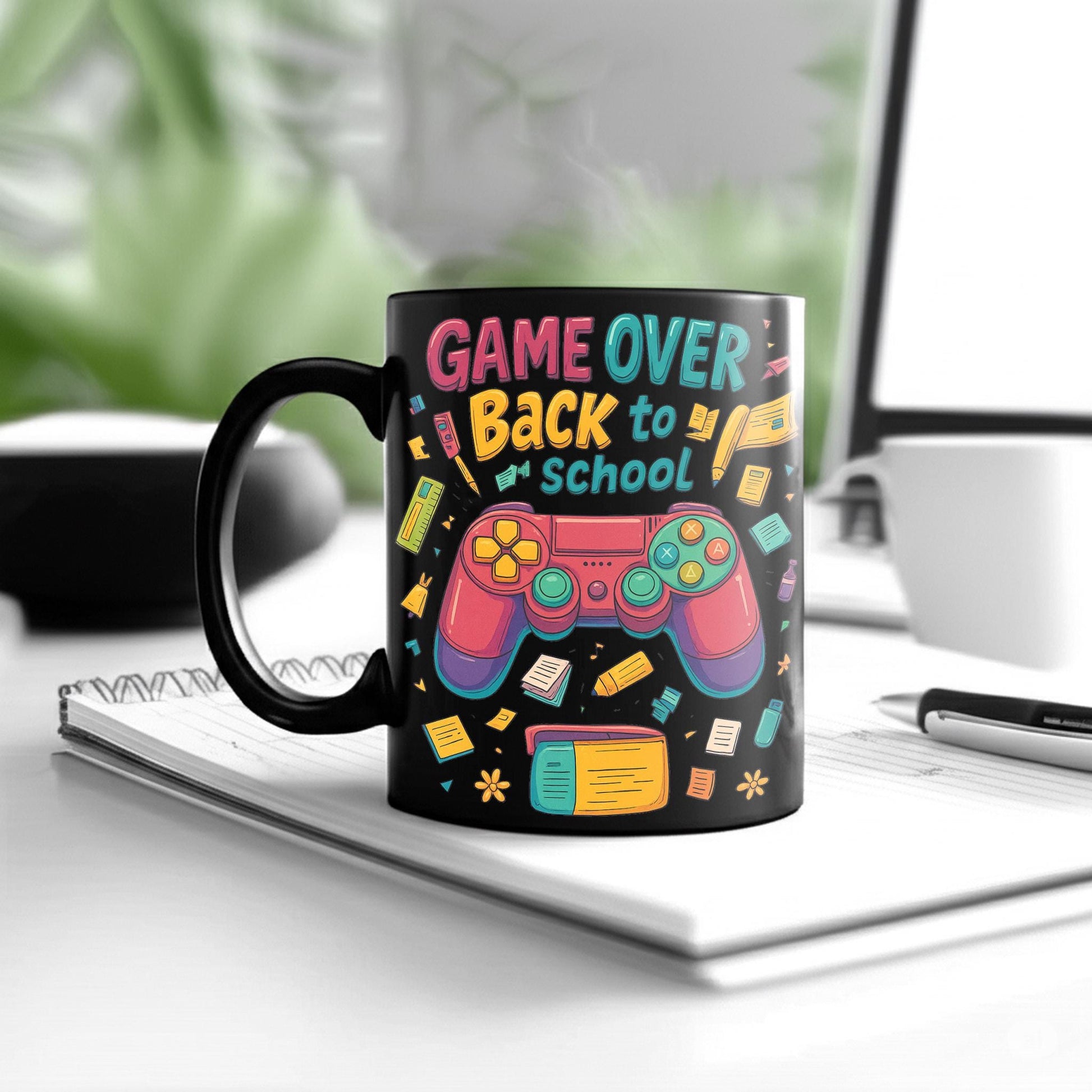 Game Over Back to School Mug – Funny Gamer Coffee Cup for Teachers, Students, or Kids, Video Game Controller Design, First Day Gif