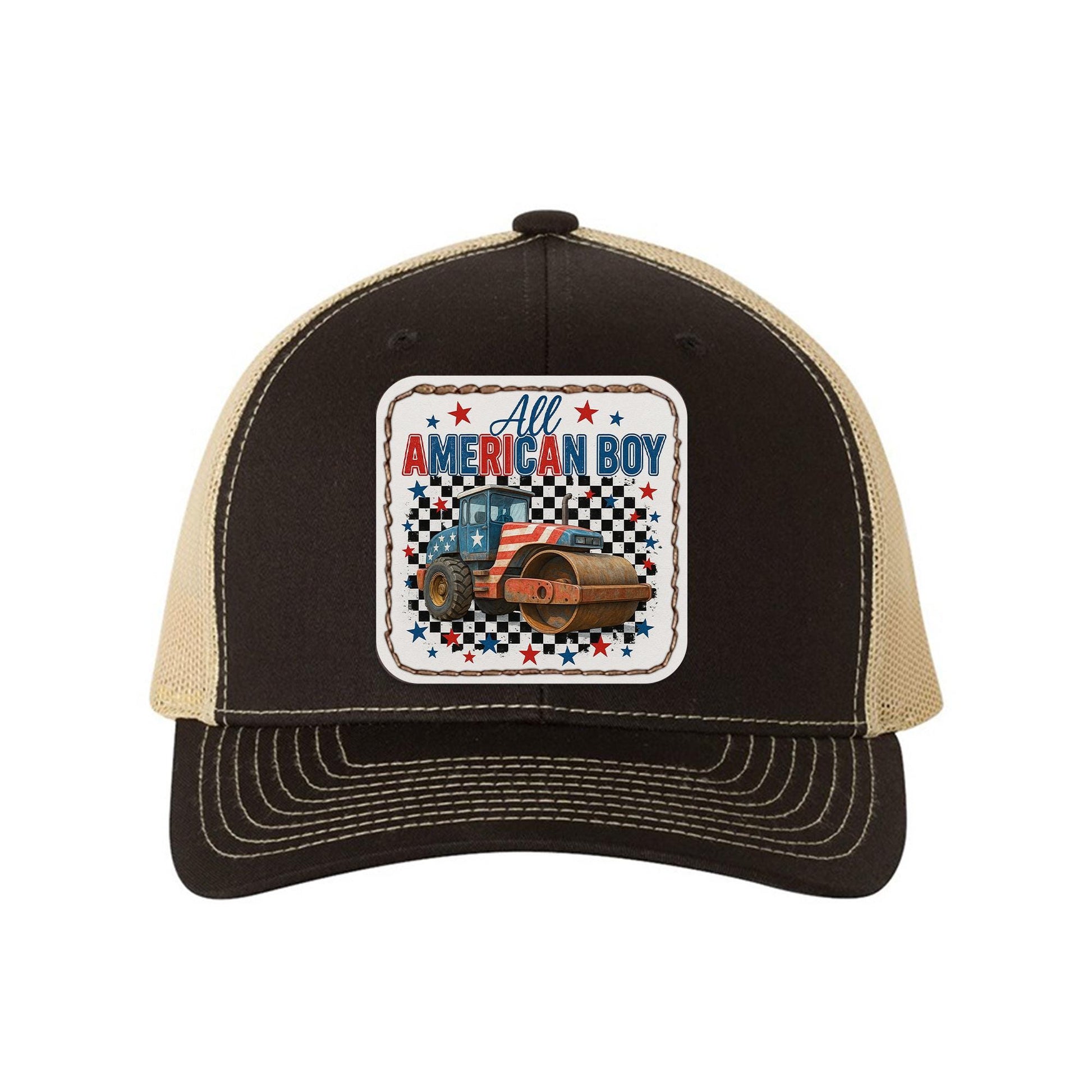 All American Boy Trucker Hat – Patriotic Road Roller Cap for Kids & Men – USA Flag Construction Gift – 4th of July Work Hat