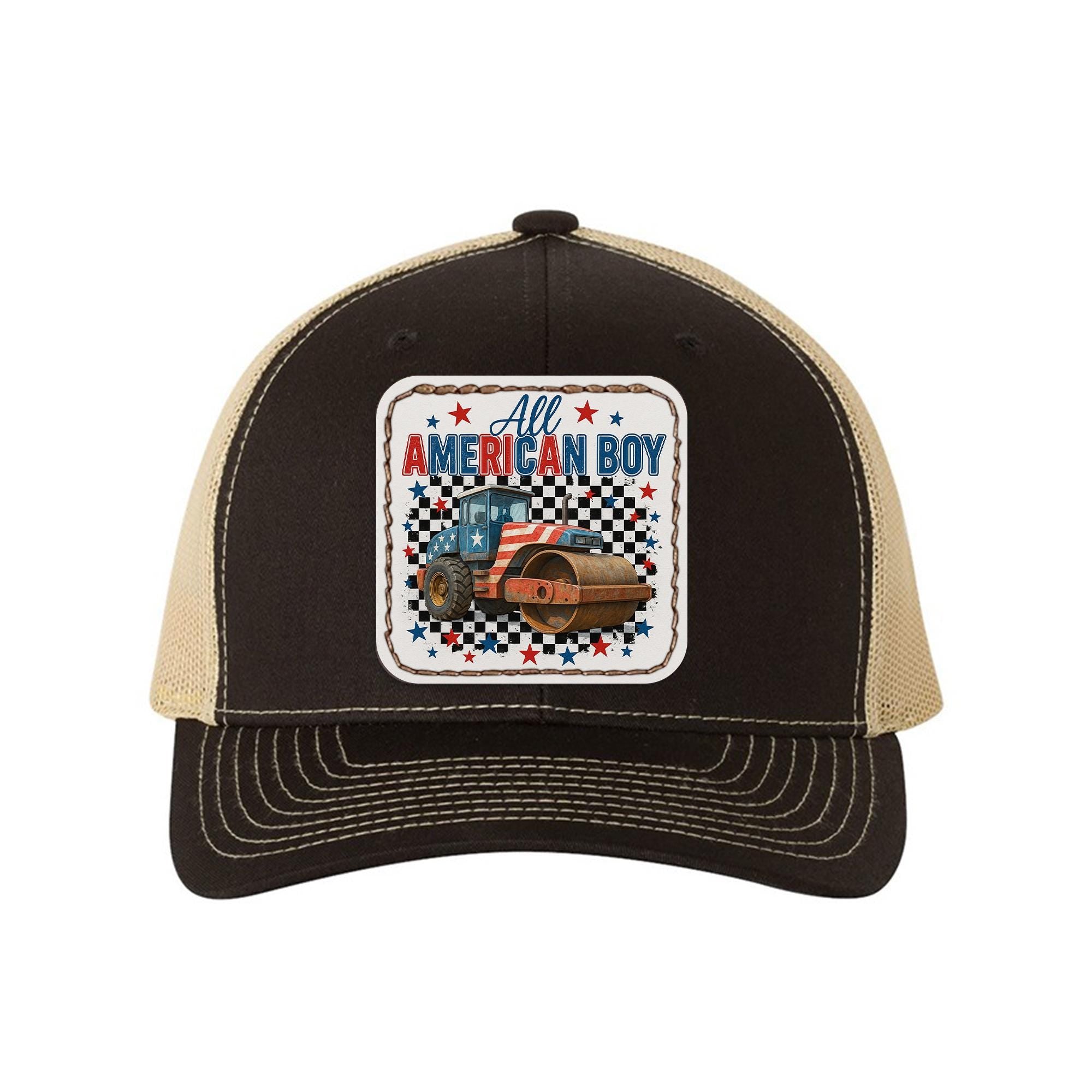 All American Boy Trucker Hat – Patriotic Road Roller Cap for Kids & Men – USA Flag Construction Gift – 4th of July Work Hat