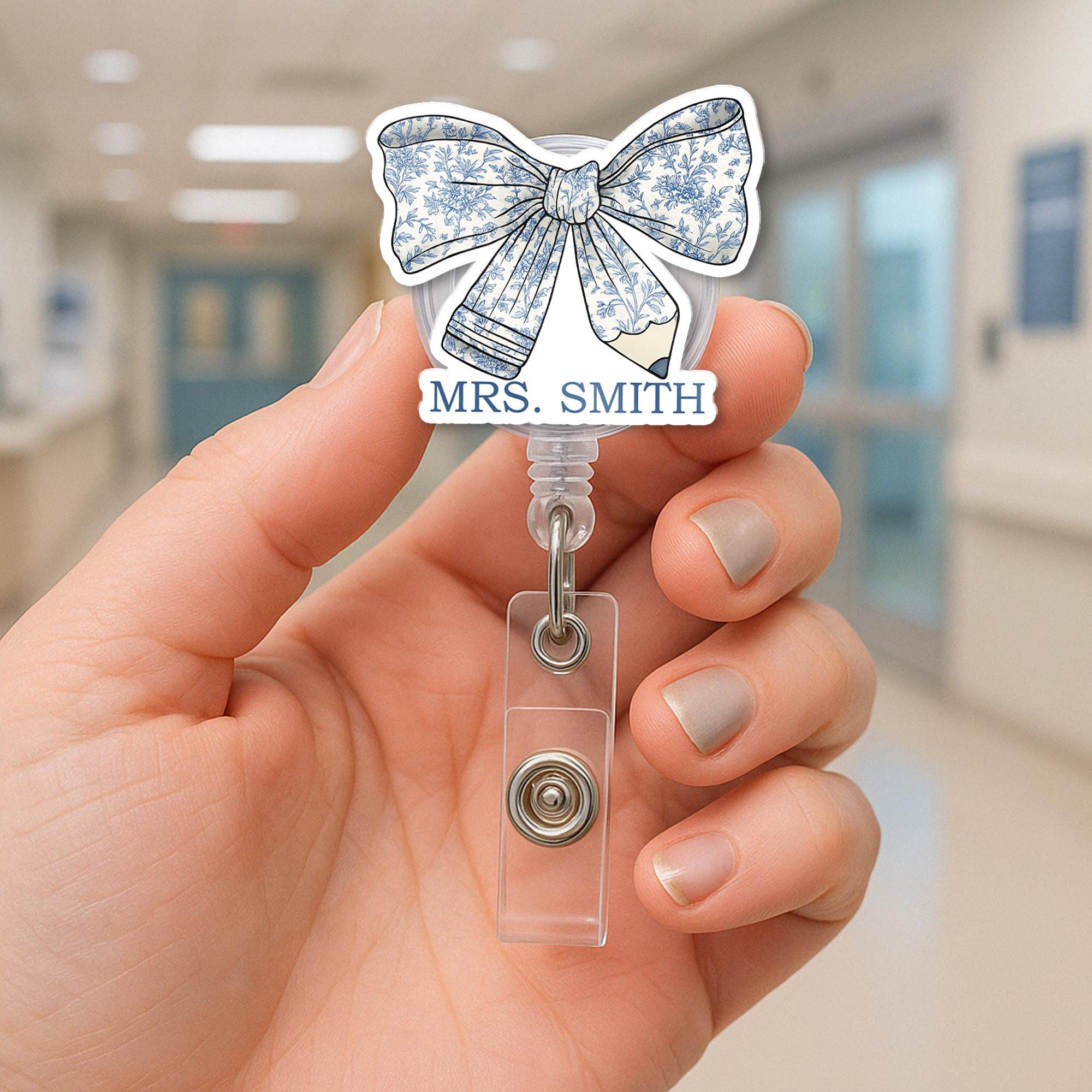 Personalized Teacher Chinoiserie Coquette Bow Badge Reel, Teacher Pen Chinoiserie ID Holder for Teachers, Nurses, Office Staff, Floral Clip