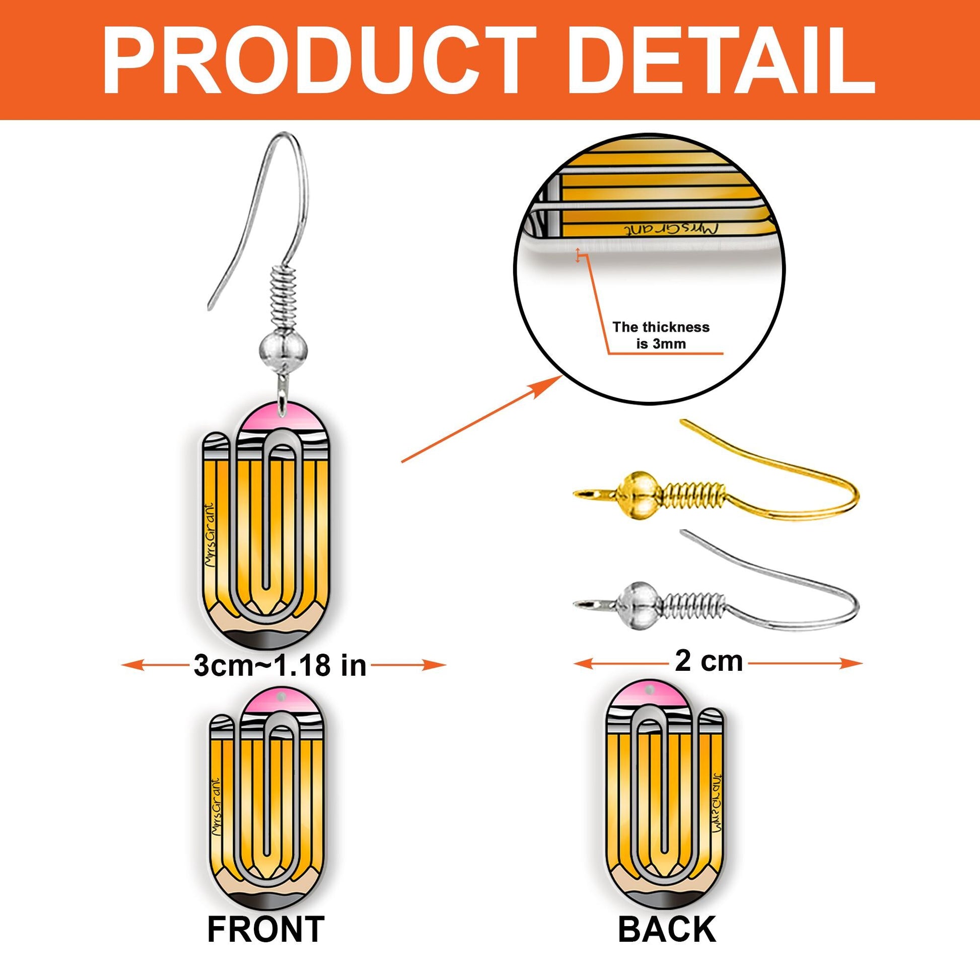 Custom Pencil Paperclip Earrings – Fun Teacher Gift Jewelry – Back to School Dangle Earrings – Stationery-Inspired Classroom Style
