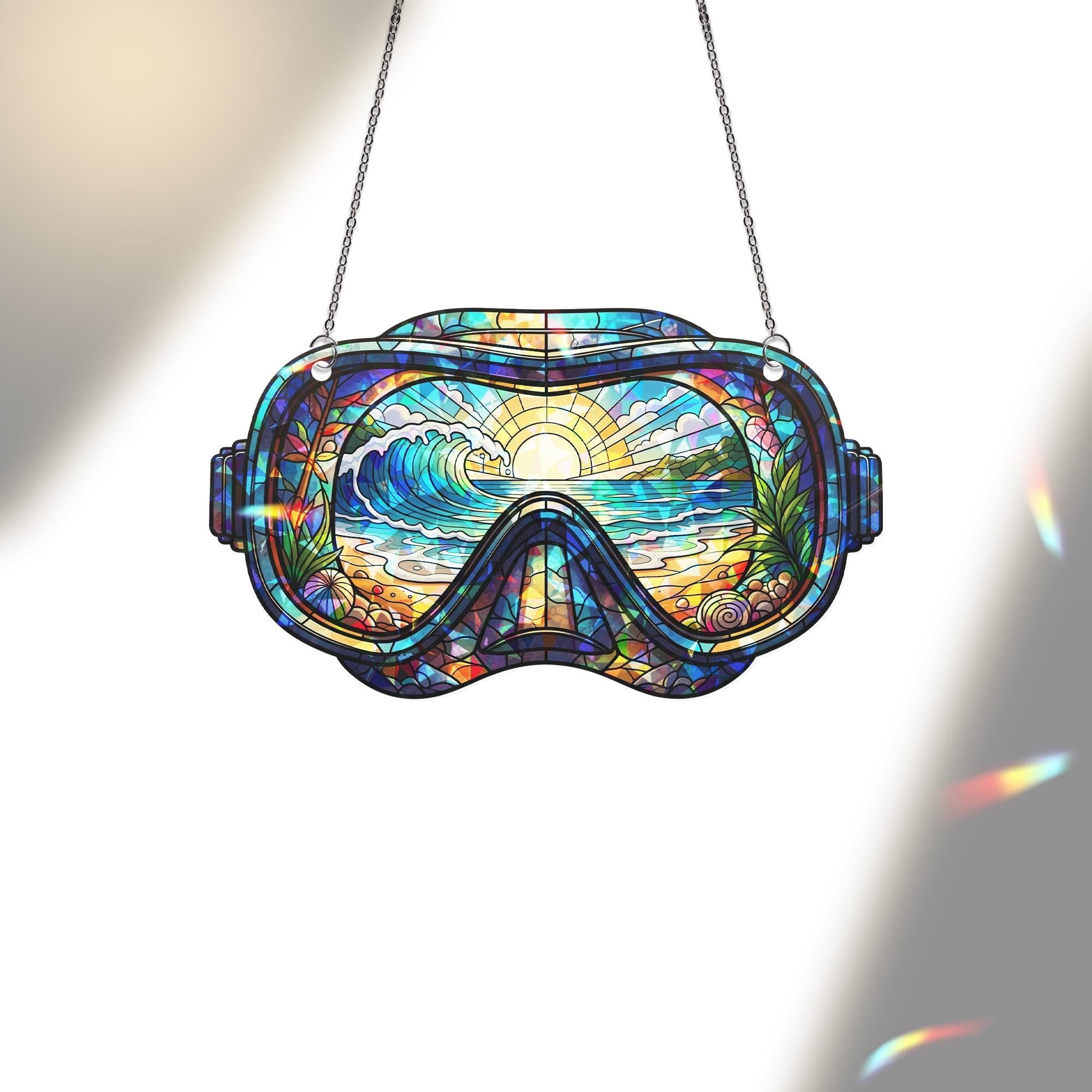 Beach Diving Goggles Ornament – Holographic Broken Glass Ocean Suncatcher – Scuba Snorkel Sea Decor – Coastal Window Hanging