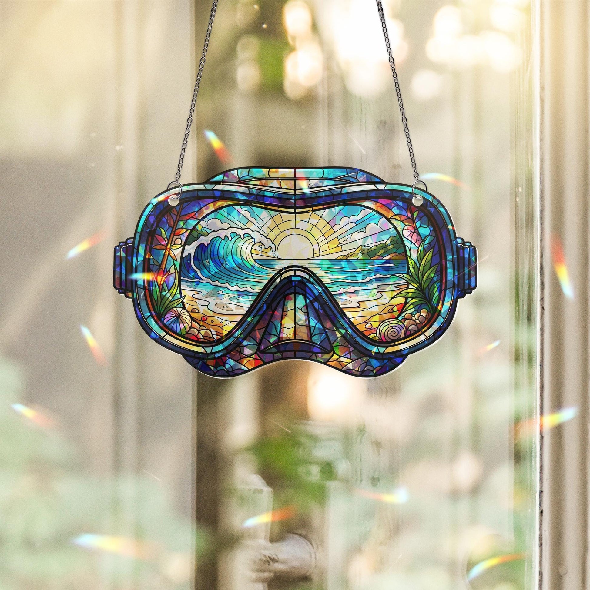 Beach Diving Goggles Ornament – Holographic Broken Glass Ocean Suncatcher – Scuba Snorkel Sea Decor – Coastal Window Hanging