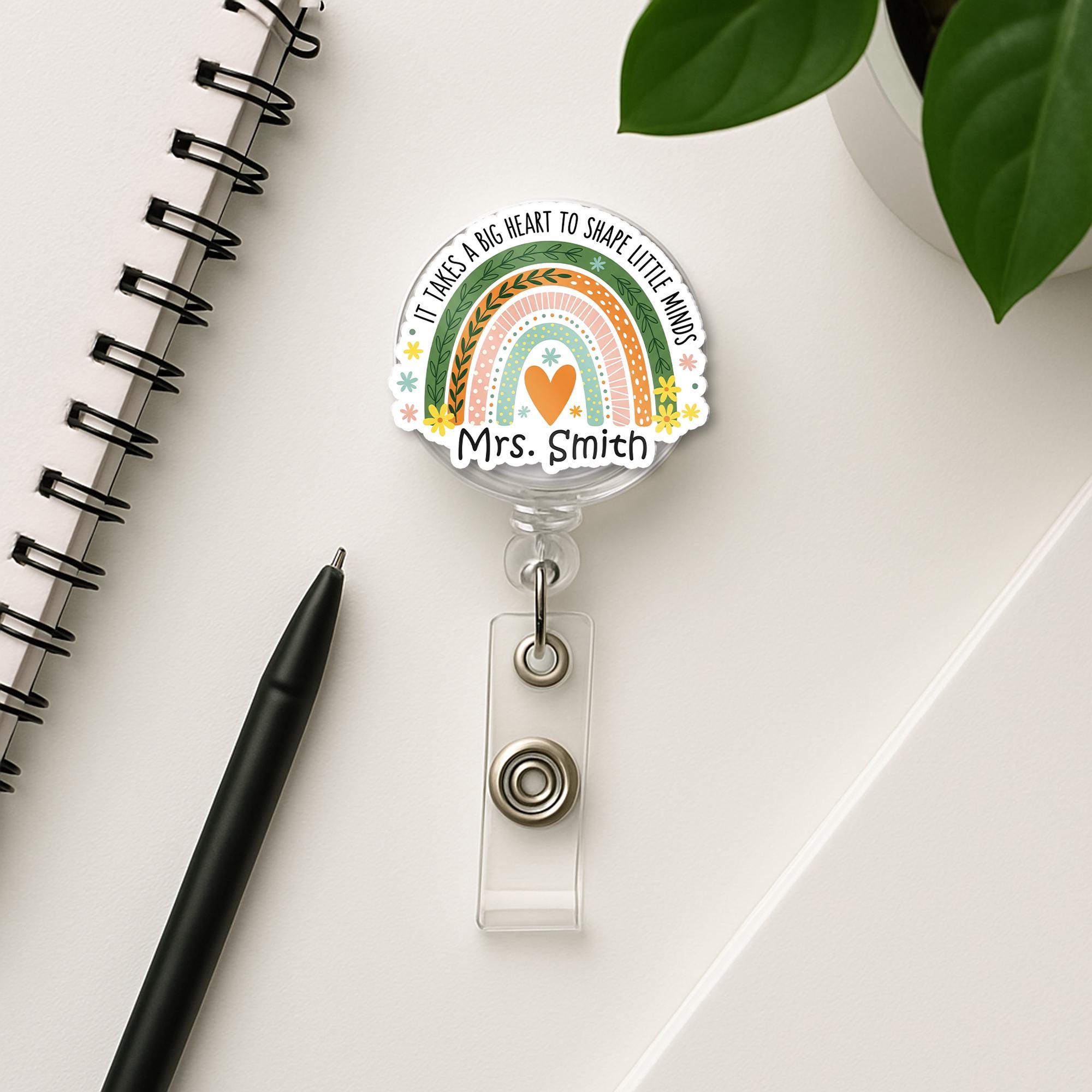 Personalized Teacher Badge Reel – “It Takes a Big Heart to Shape Little Minds” Rainbow ID Clip, Custom Gift for Preschool & Kinder Staff