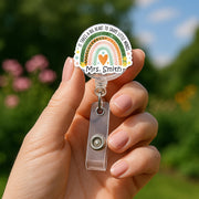 Personalized Teacher Badge Reel – “It Takes a Big Heart to Shape Little Minds” Rainbow ID Clip, Custom Gift for Preschool & Kinder Staff