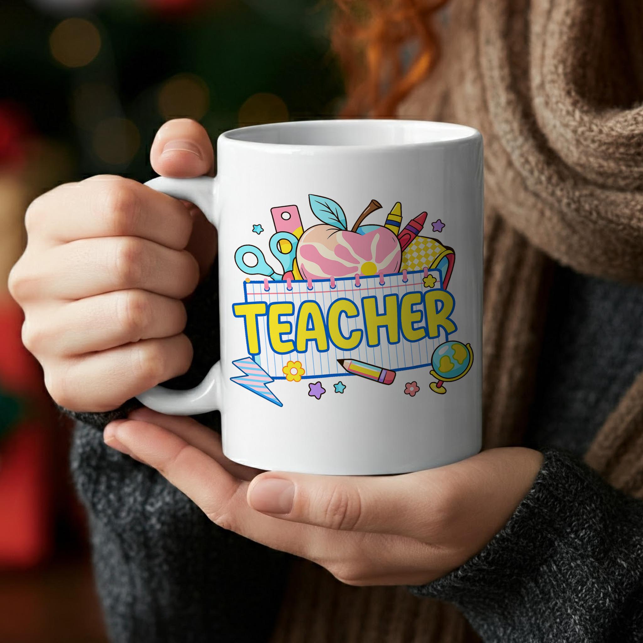 Cute Teacher Mug – Colorful School Supplies Coffee Cup, Back to School Gift for Educators, Classroom Decor, Teacher Appreciation Idea
