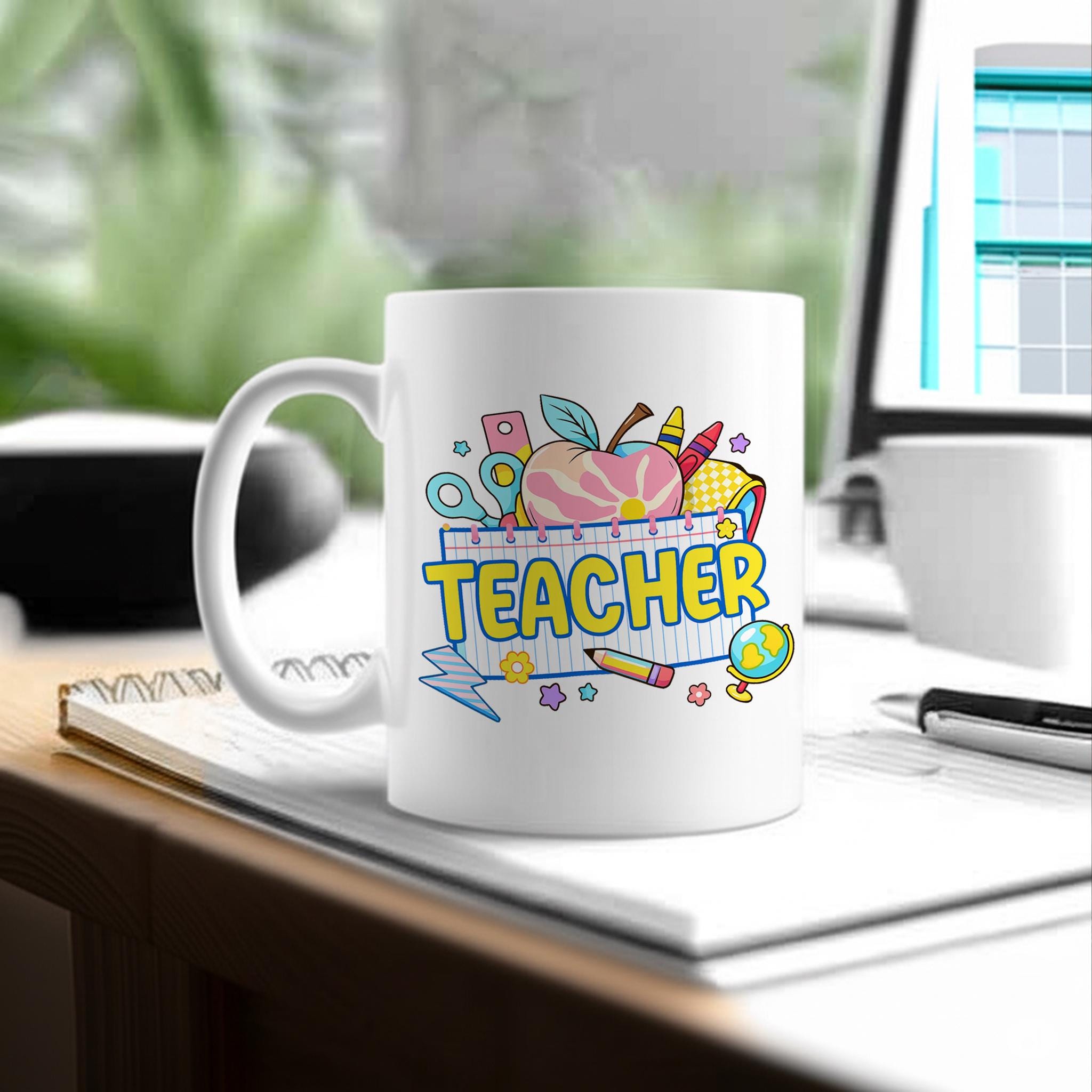 Cute Teacher Mug – Colorful School Supplies Coffee Cup, Back to School Gift for Educators, Classroom Decor, Teacher Appreciation Idea