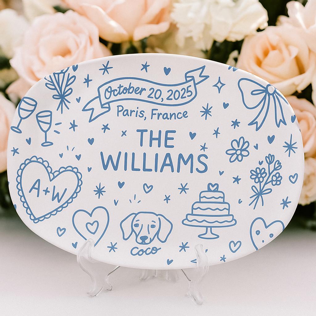 Custom Wedding Platter with Pet Name & Date, Personalized Couple Keepsake Plate, Hand-Drawn style Anniversary Gift, Wedding Table Decor