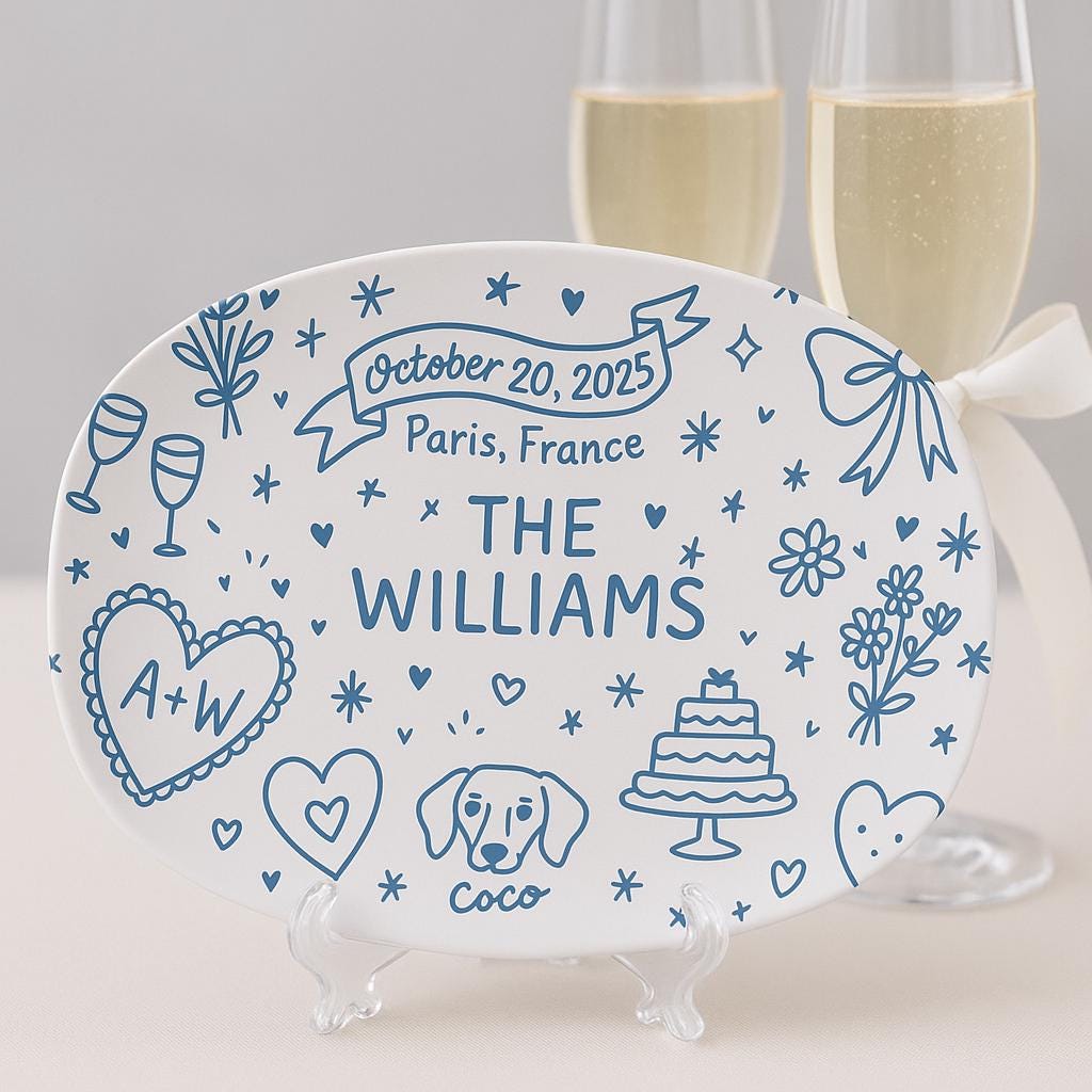 Personalized Wedding Keepsake Platter, Custom Couple Name Plate with Dog & Date, Romantic Engagement or Anniversary Gift Decor