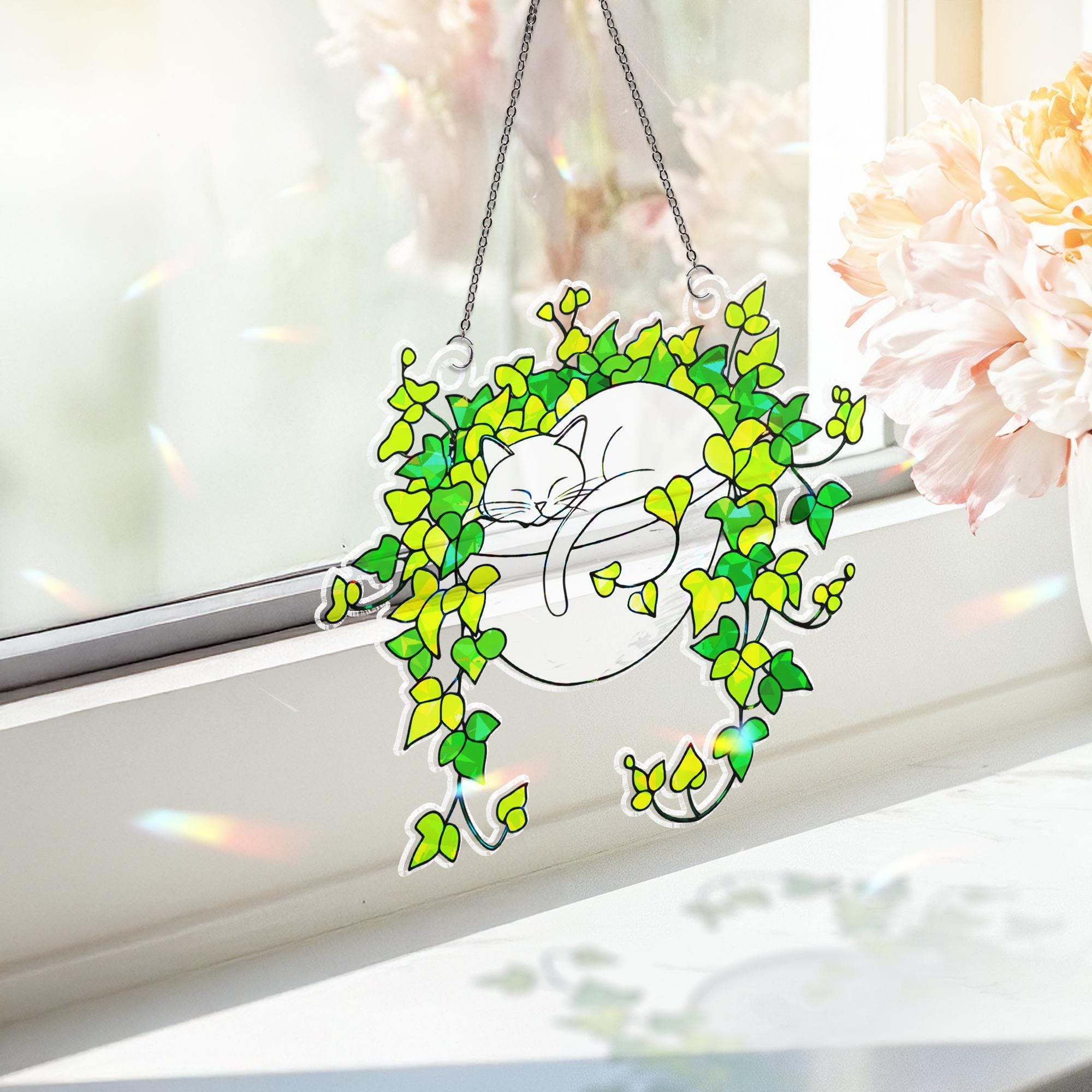 White Cat Sleeping on Ivy Hologram Ornament | Cat ACRYLIC Window Hanging | Plant Lover Gift | Ivy Plants Decor, Cozy Cat Decor, Gift For Mom