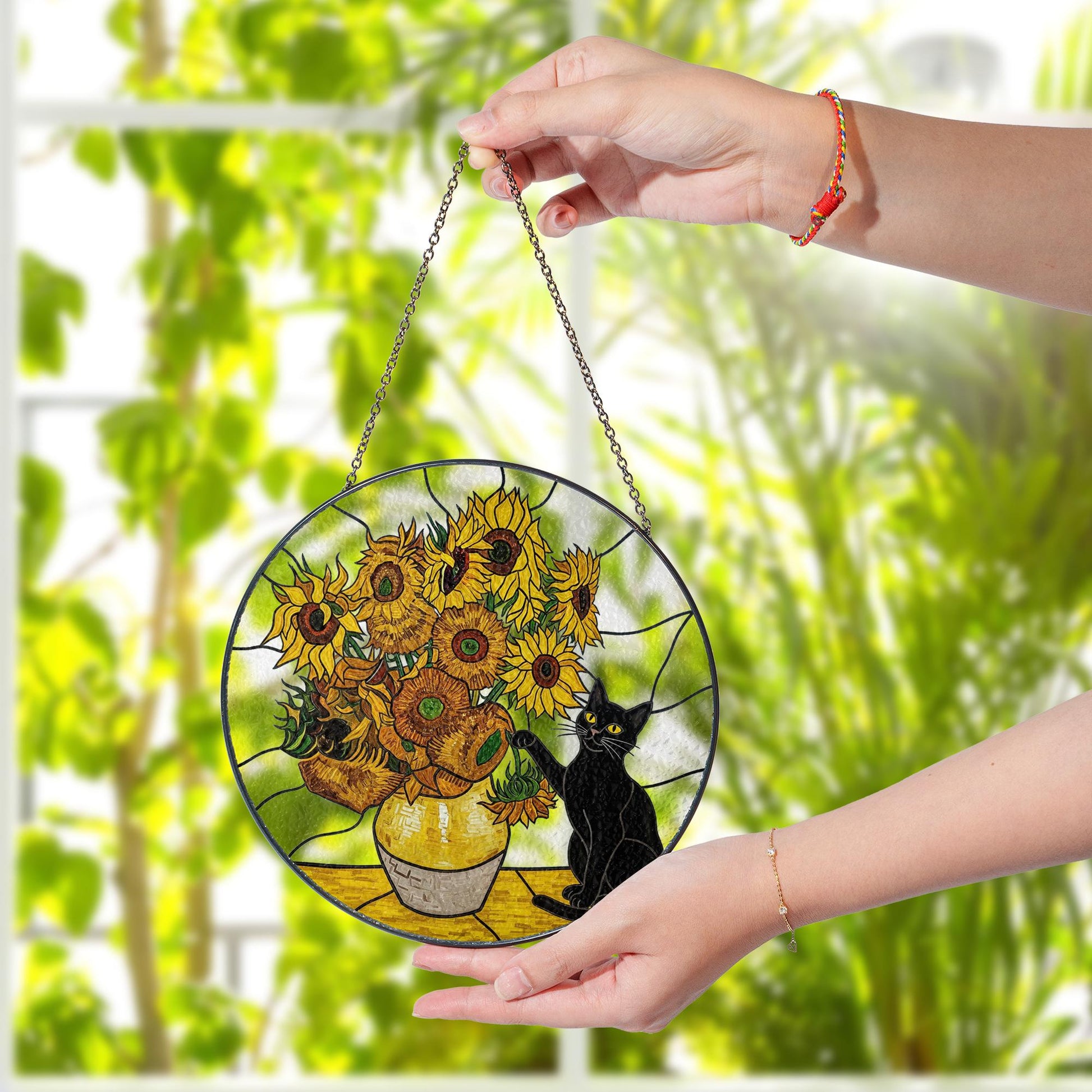 Black Cat Sunflowers Glass Suncatcher, Floral Window Hanging, Cat Lover Gift, Van Gogh Inspired Art, Black Cat Decor, Cat Planter Gift